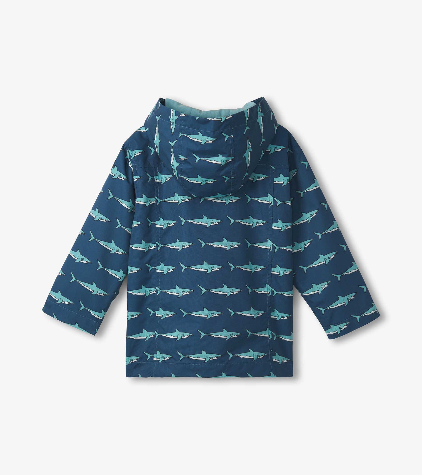 Lightweight navy rain jacket with a shark pattern, featuring a hood and long sleeves. Back view shown.