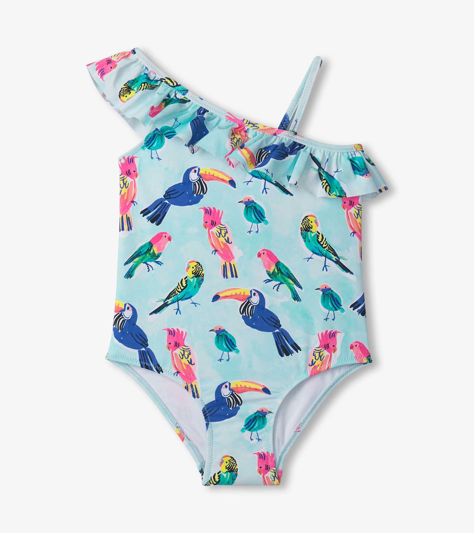 Light blue swimsuit featuring colorful tropical bird prints and a ruffle trim on one shoulder.