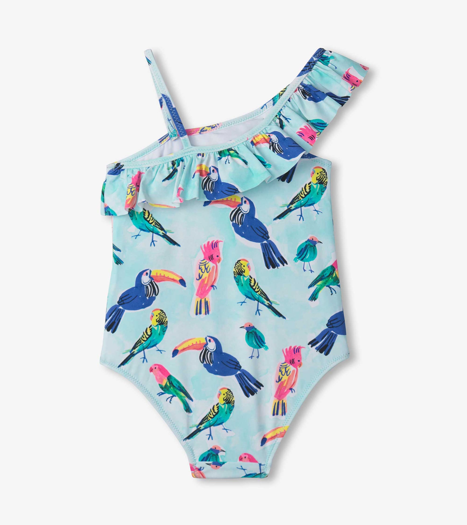 Light blue swimsuit with tropical bird print and ruffle trim, featuring one shoulder strap. Ideal for summer wear.
