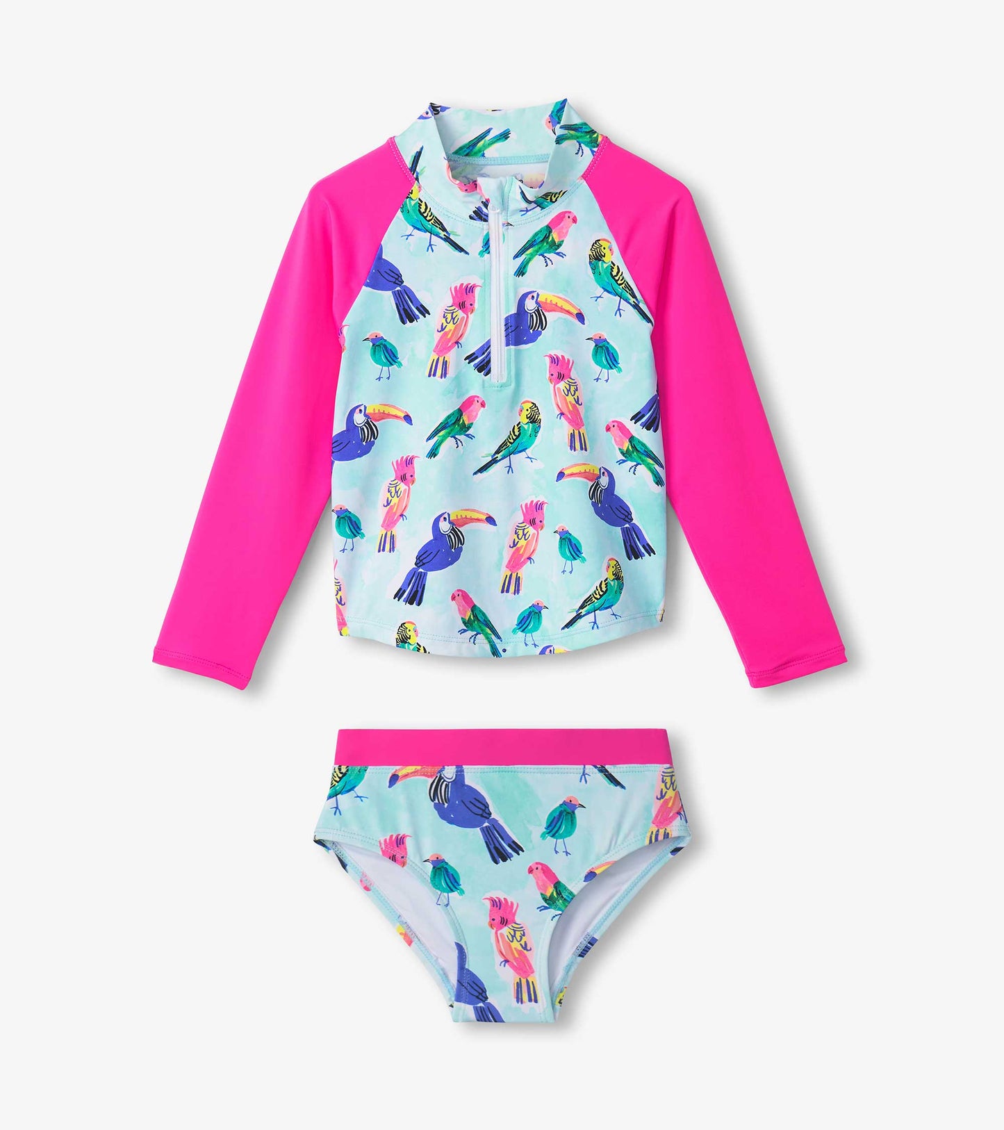 Girls' rashguard set featuring a tropical bird pattern in blue and pink, with long sleeves and matching bikini bottoms.