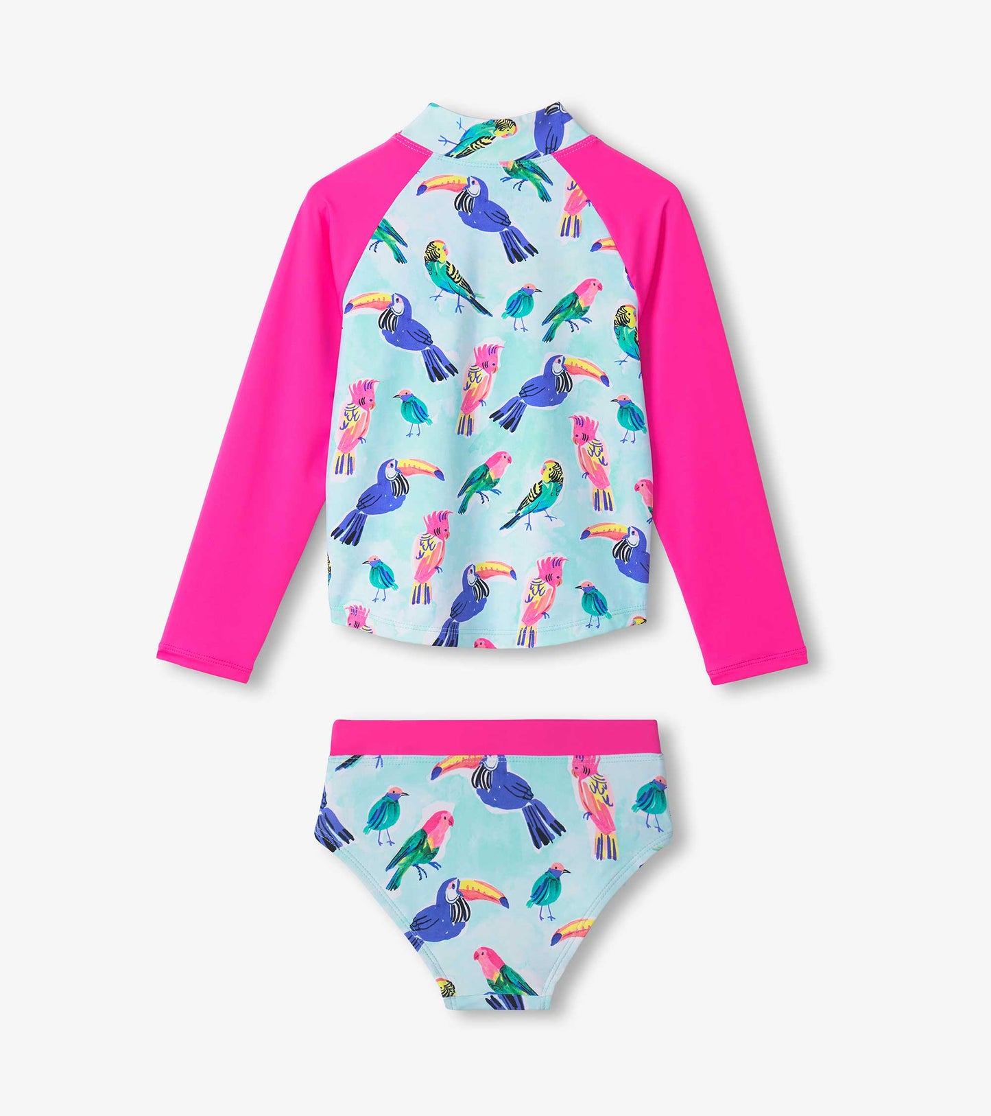 Girls' rashguard set featuring a colorful tropical bird print with a pink long-sleeve top and matching bikini bottom.