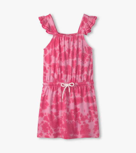 Pink tie-dye dress with crochet bodice, ruffled straps, and drawstring waist, suitable for casual wear.