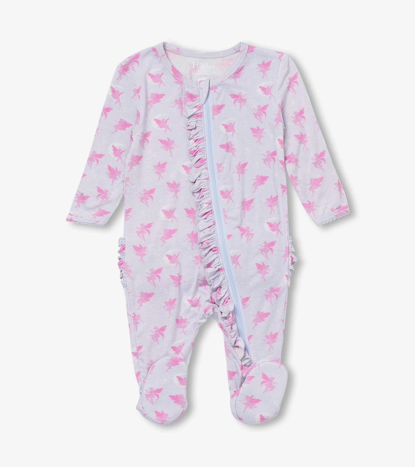 Light gray footed sleeper with pink fairy print, ruffle detail, and front zipper closure. Suitable for baby girls.