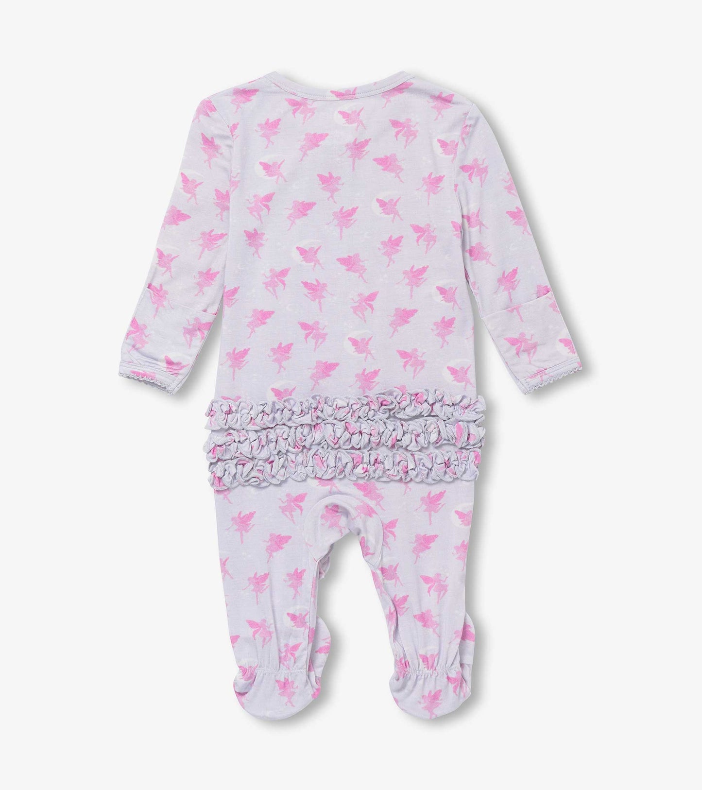 Light gray footed sleeper with pink fairy print and ruffled back detail, suitable for baby girls.
