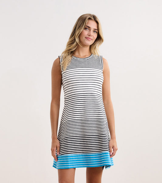 Sleeveless dress featuring black and white stripes with a blue striped hem, designed for a relaxed fit.