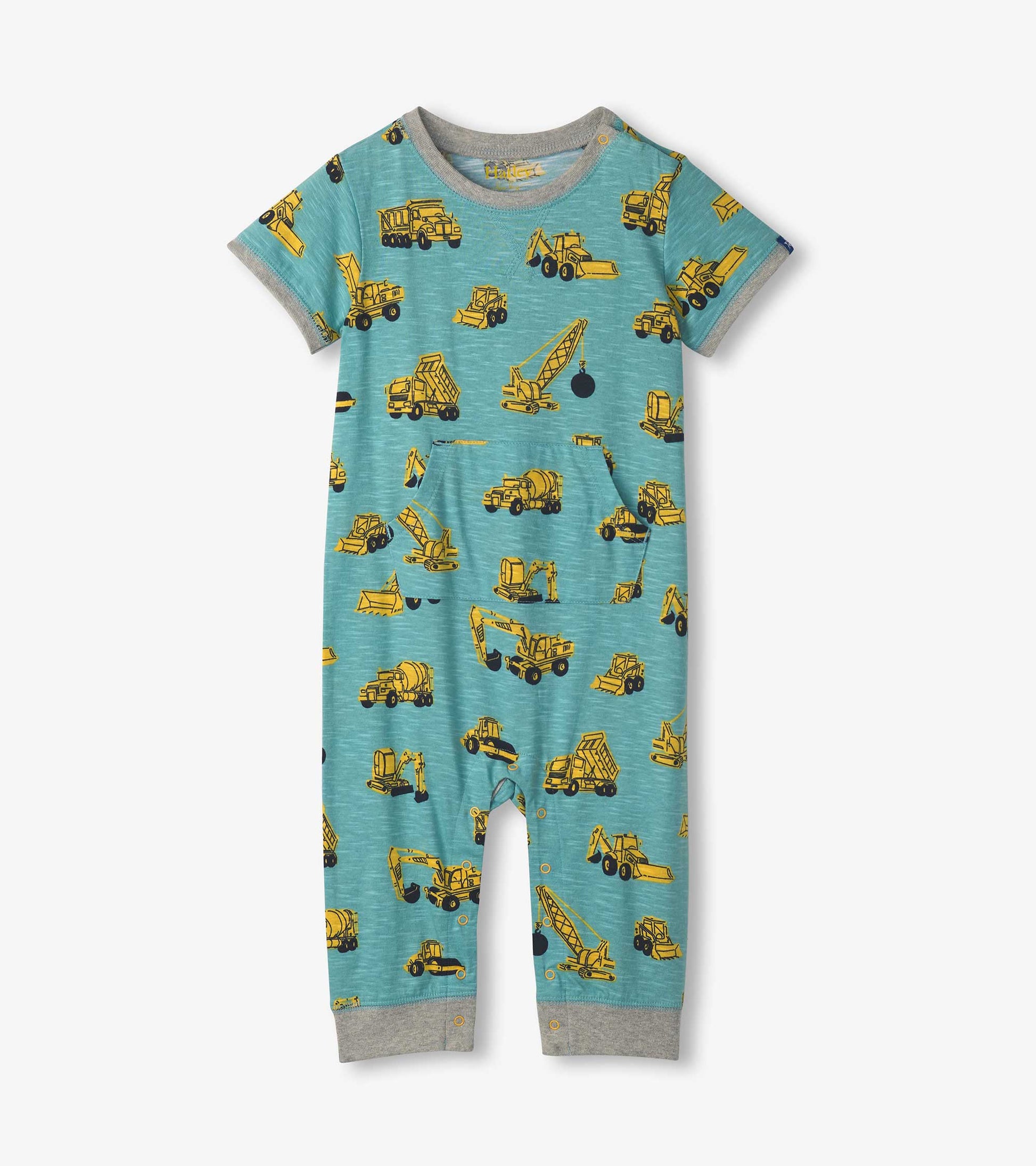 Light blue jersey romper featuring yellow construction vehicle prints, short sleeves, and snap closures at the bottom.