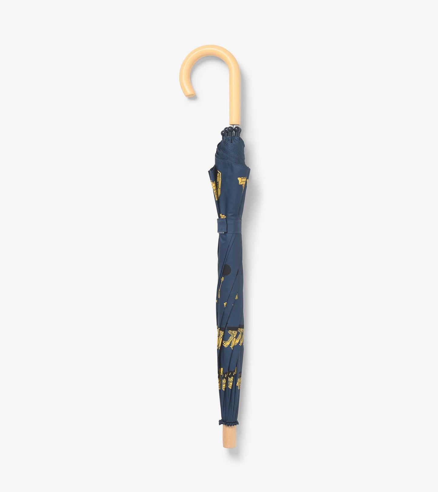 Navy umbrella with construction-themed patterns and a wooden handle, designed for kids.