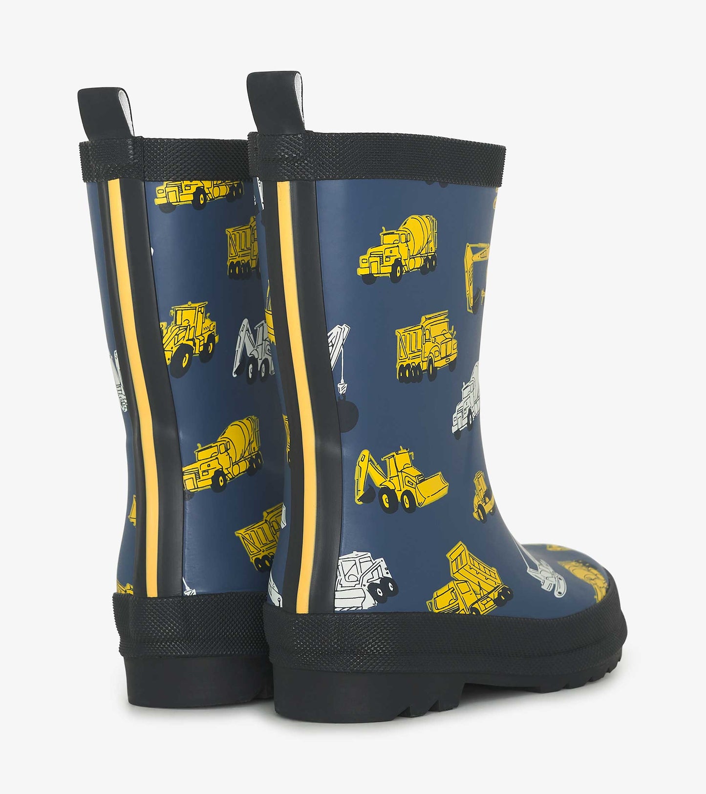 Matte navy rain boots featuring yellow construction vehicle patterns and black rubber soles, ideal for wet weather.