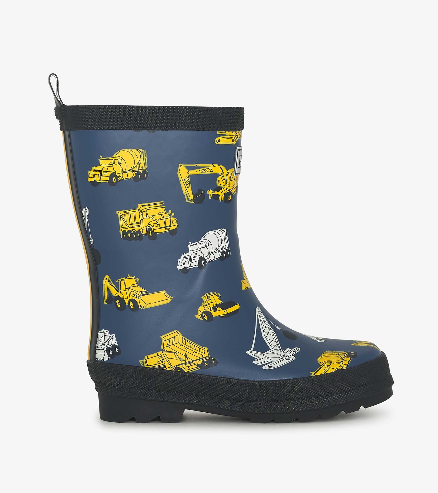 Matte navy rain boots featuring yellow construction vehicle patterns, designed for boys with a textured black sole.