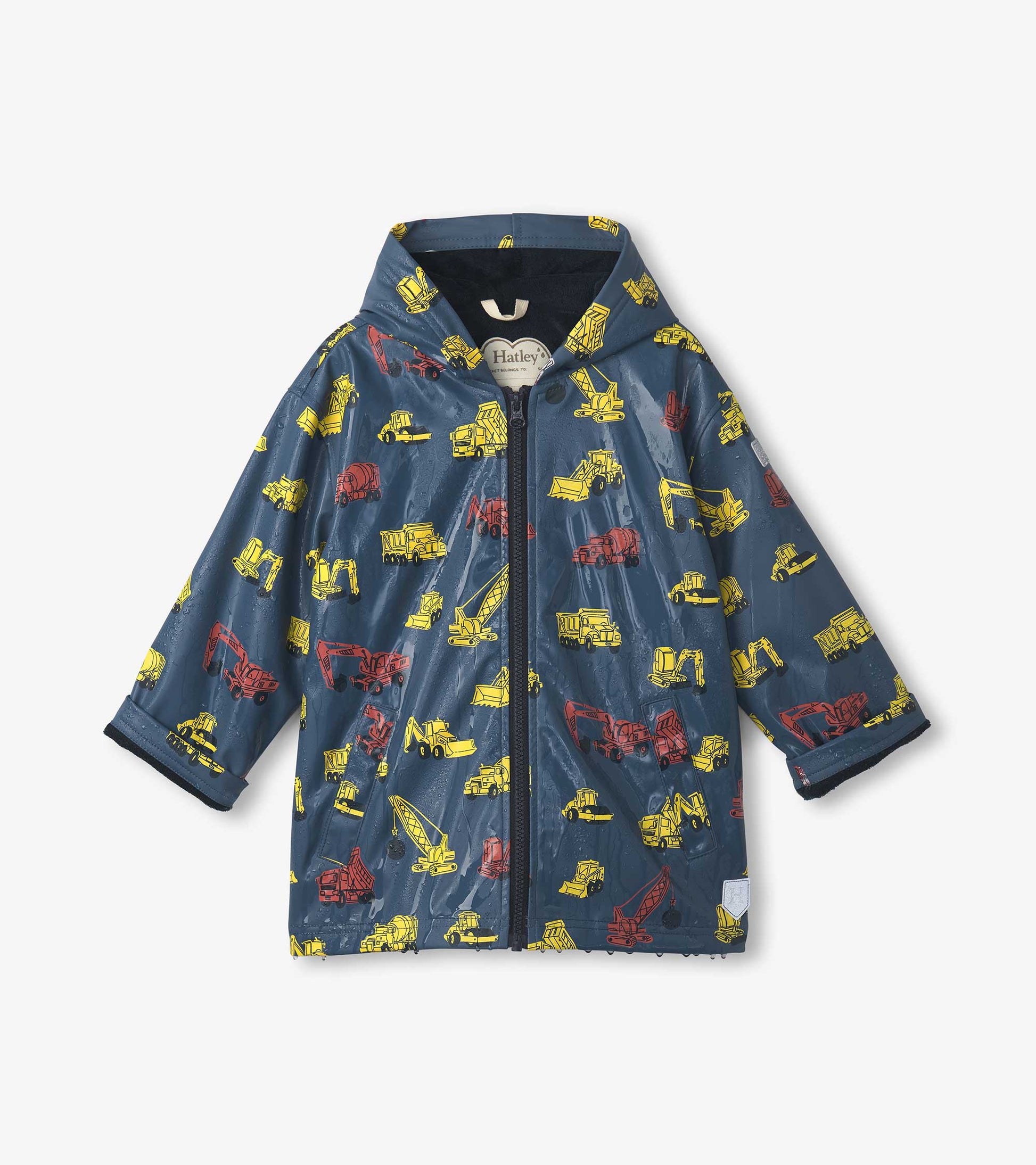 Navy zip-up rain jacket featuring colorful construction vehicle patterns, ideal for boys.