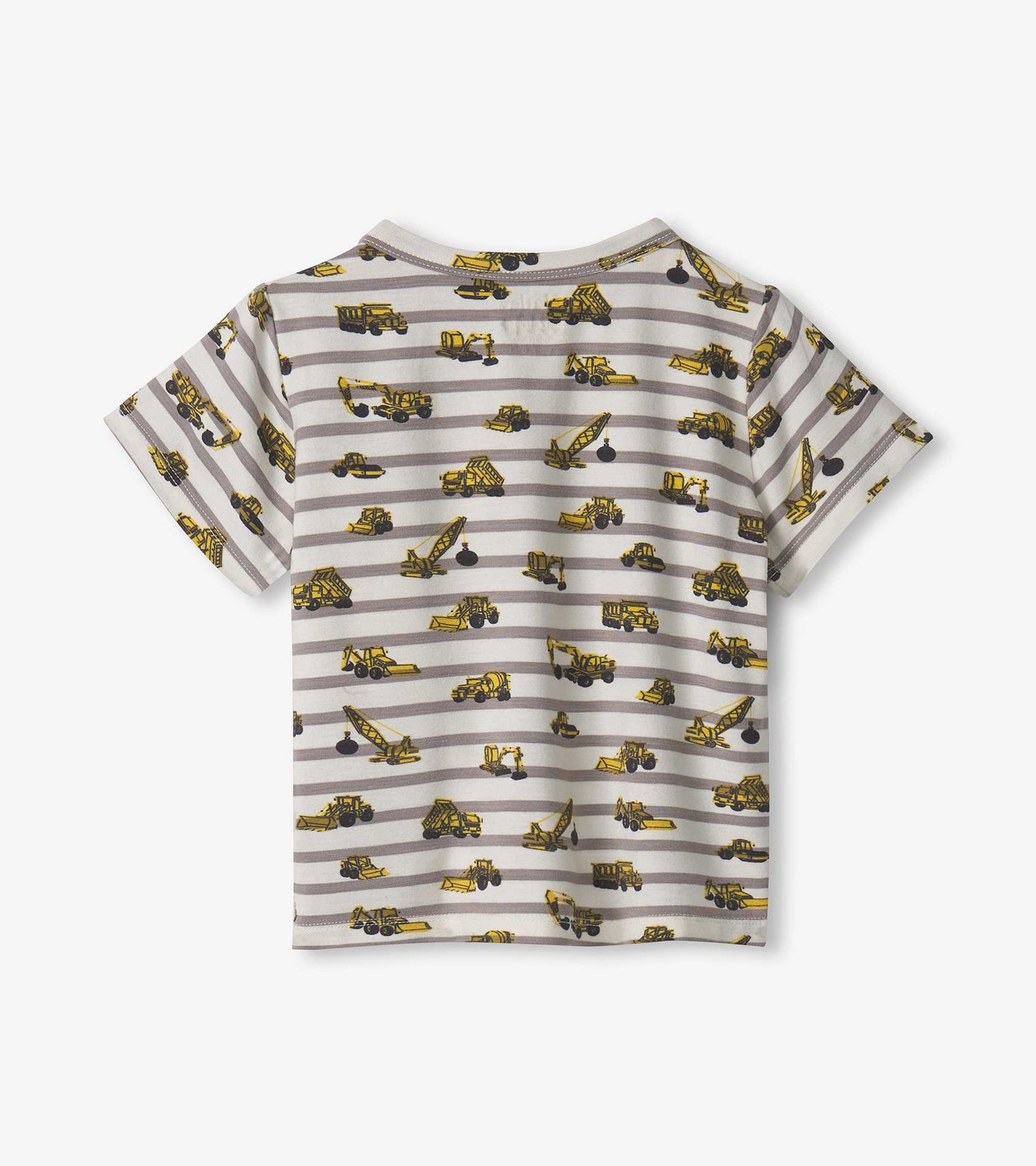 Gray striped henley featuring yellow construction vehicle prints, short sleeves, and a round neckline for baby and toddler b…