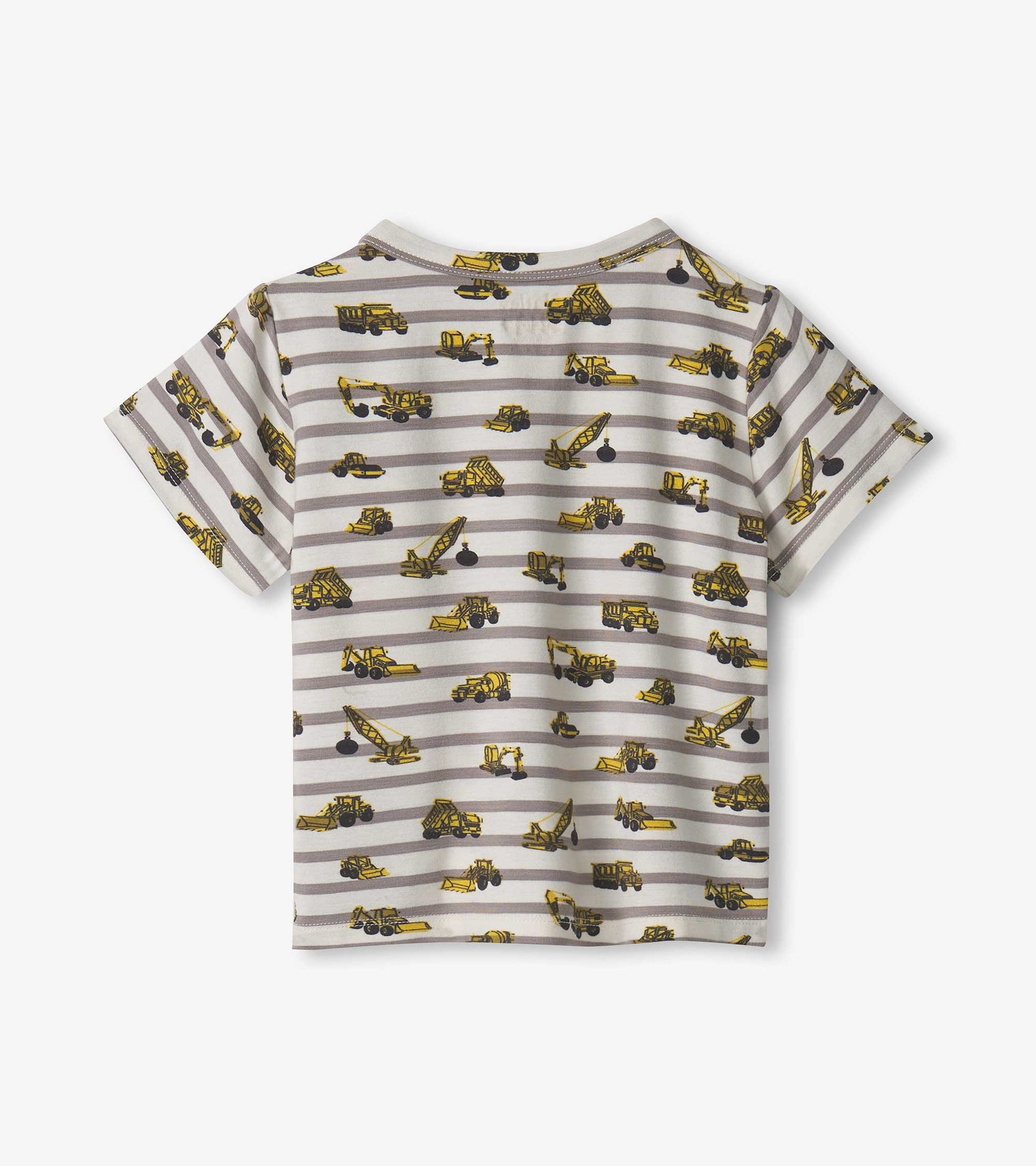 Gray striped henley featuring yellow construction vehicle prints, short sleeves, and a round neckline for baby and toddler b…