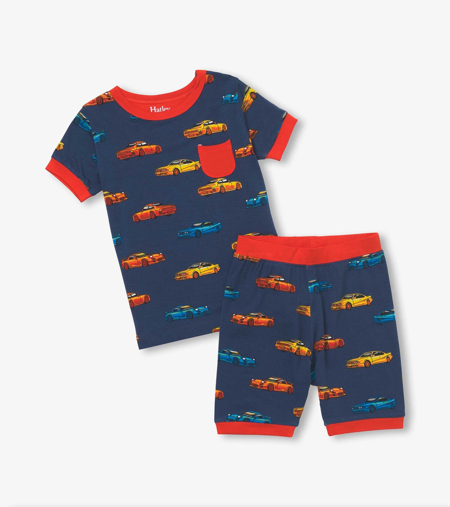 Navy bamboo short pajama set featuring colorful sport car prints, with red trim on the shirt and shorts.