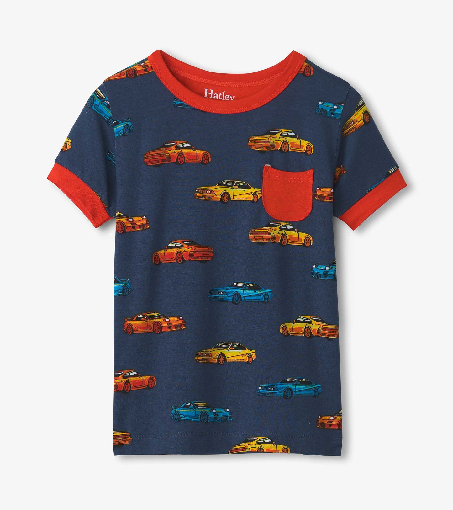Navy short-sleeve pajama top featuring colorful sport car prints and a red pocket detail.