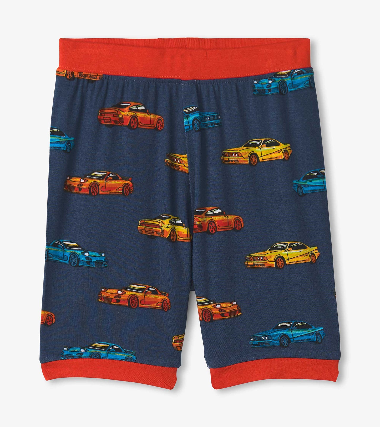 Navy bamboo shorts featuring colorful sport car prints and a red elastic waistband. Ideal for boys' sleepwear.