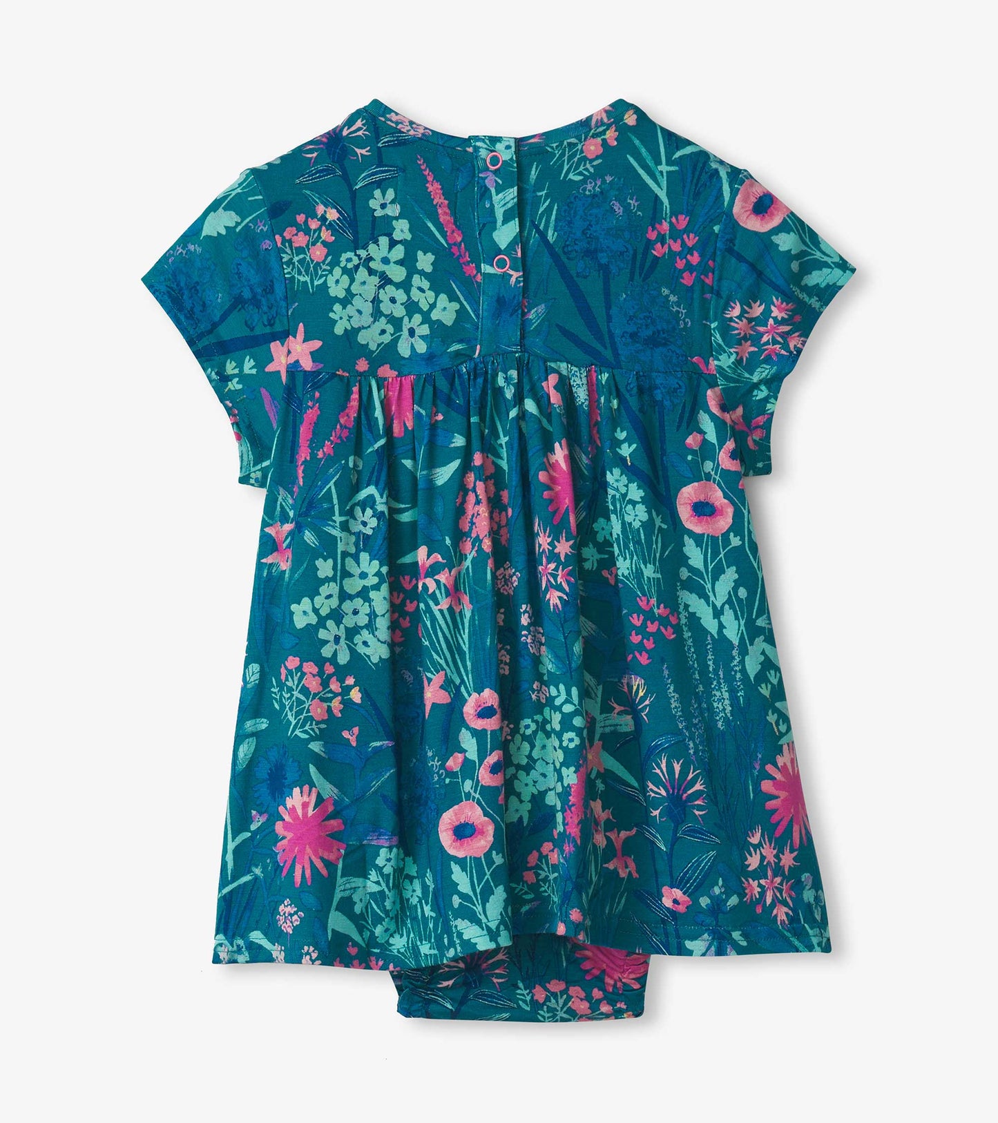 Teal one-piece dress with vibrant wildflower print, short sleeves, and button closure at the back. Suitable for baby girls.