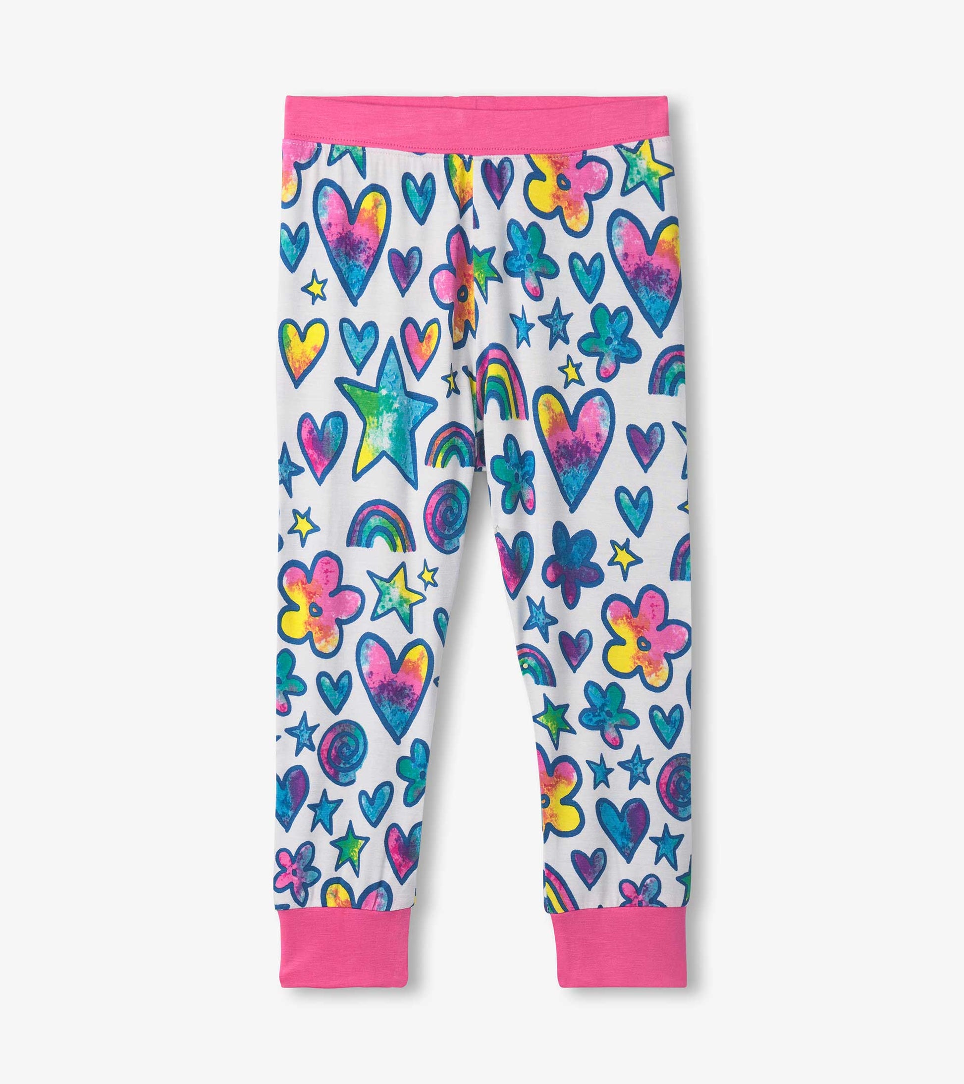 Bamboo pajama set featuring colorful watercolour doodles of hearts, stars, and flowers with a pink waistband and cuffs.