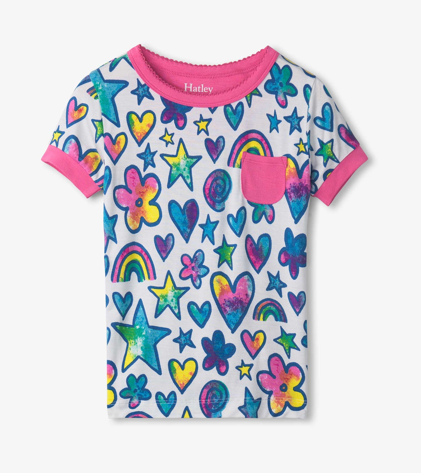 Short pajama top featuring a colorful watercolor doodle pattern with stars, hearts, and flowers, accented with pink trim.