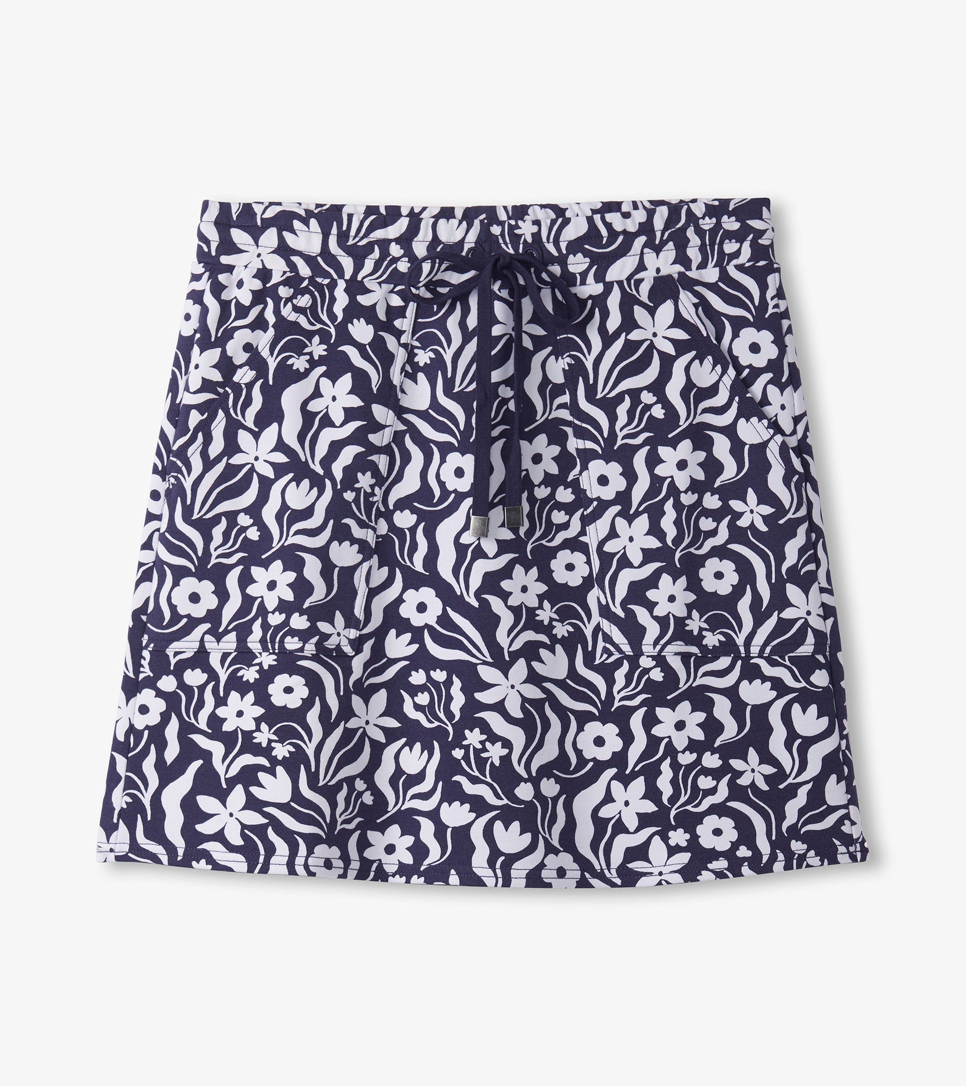 Navy skirt featuring a wavy floral pattern, elastic waistband with drawstring, and two front pockets.