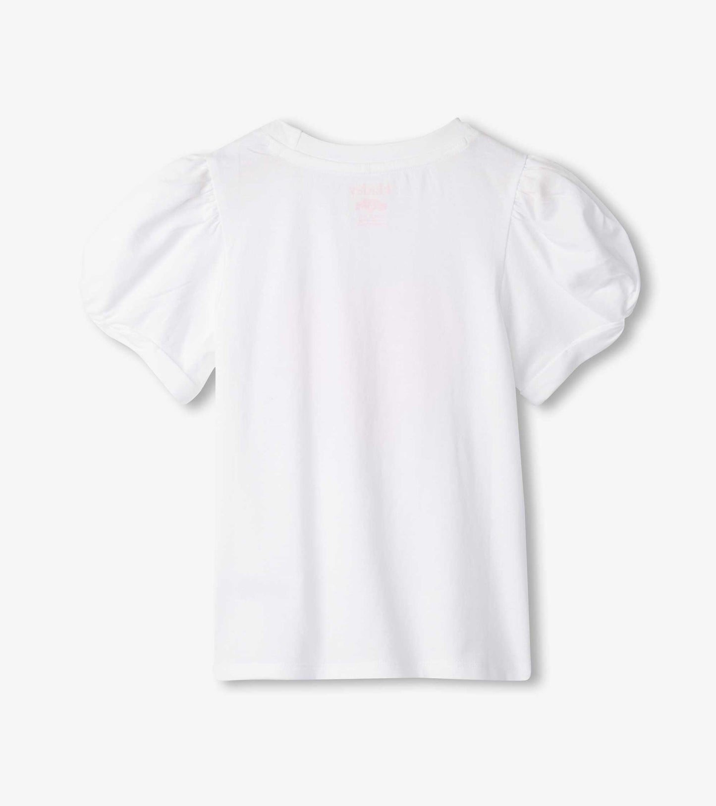 White tee with twisted sleeves and double heart design, featuring a classic crew neckline. Back view shown.