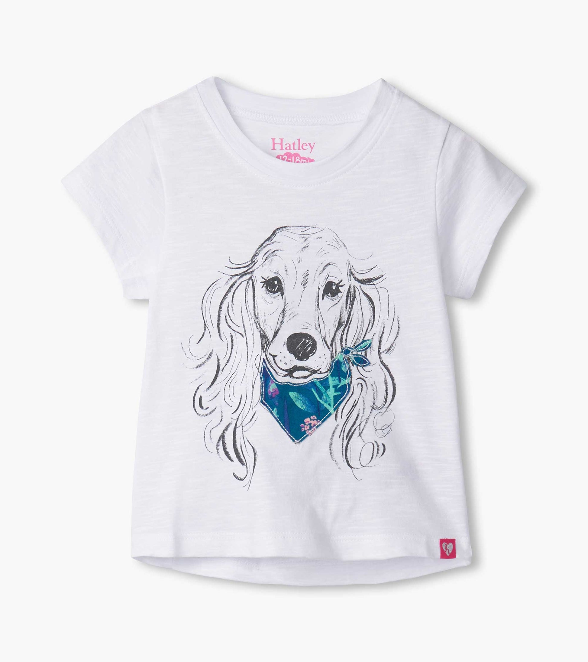 White short-sleeve tee featuring a graphic of a dog wearing a blue bandana, ideal for baby and toddler girls.