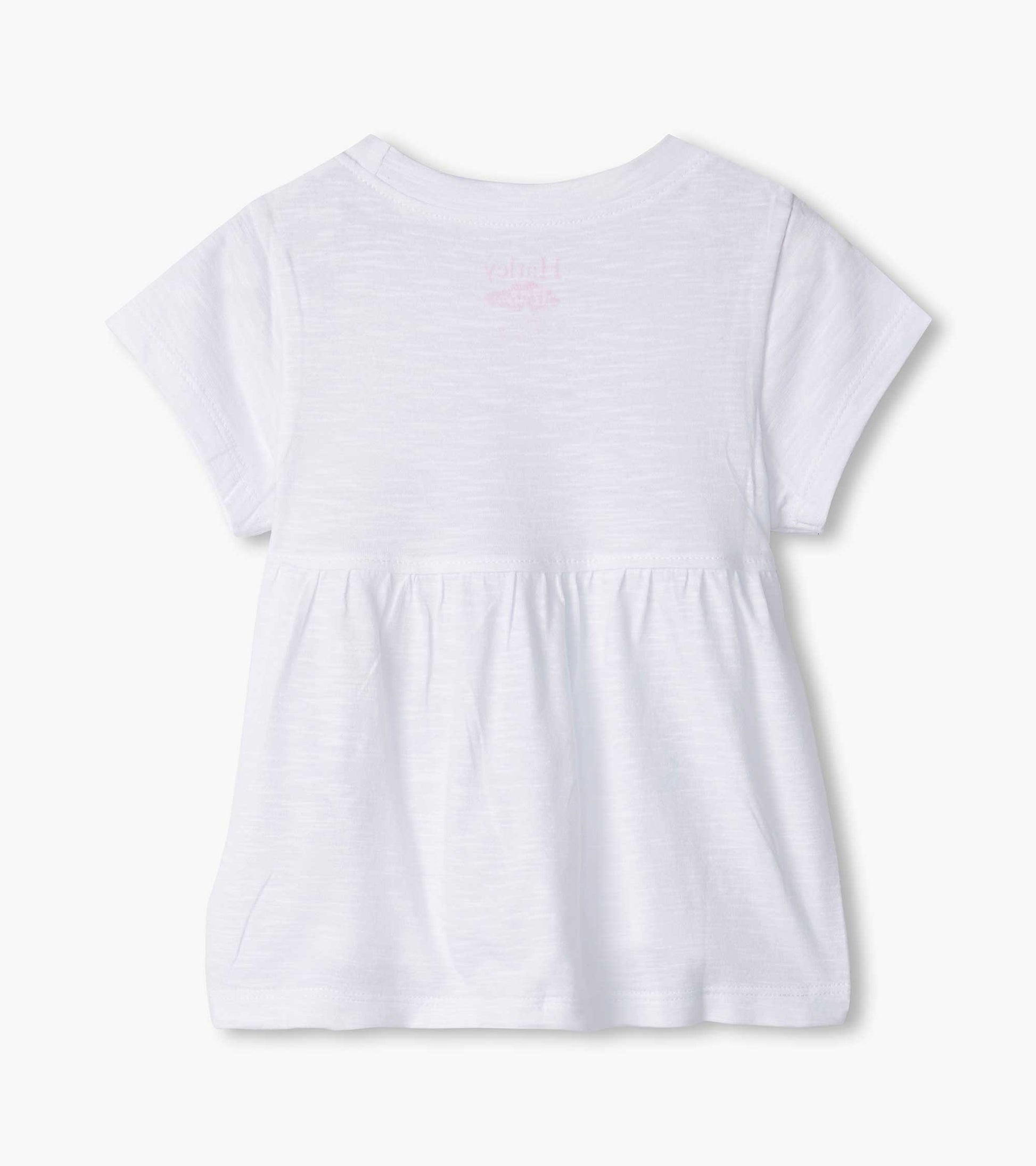 White short-sleeve tee with a gathered waist and a puppy graphic on the back. Suitable for baby and toddler girls.