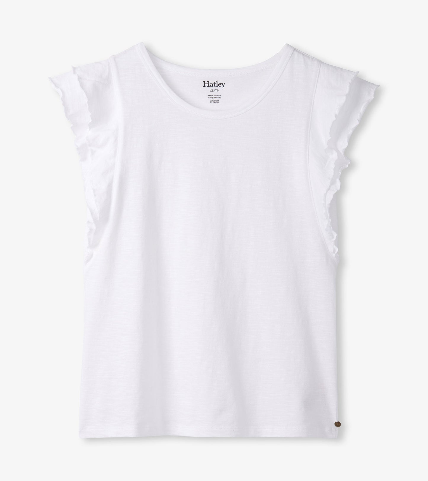 White tank top with layered ruffle sleeves and a round neckline, made from lightweight fabric.