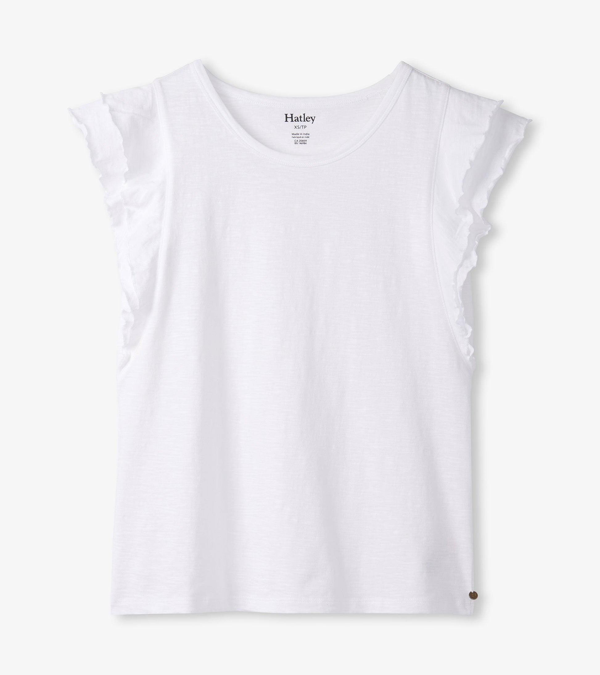White tank top with layered ruffle sleeves and a round neckline, made from lightweight fabric.