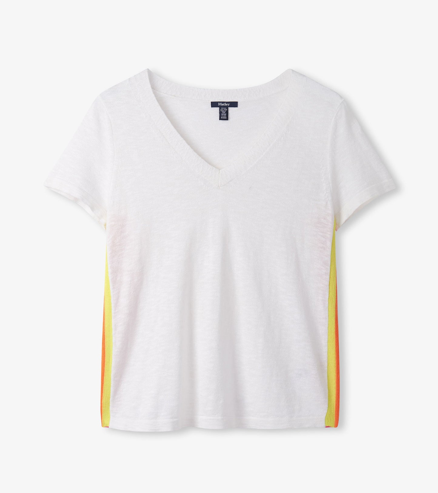 White V-neck knit tee featuring colorful side stripes in yellow, orange, and red. Short sleeves and relaxed fit.