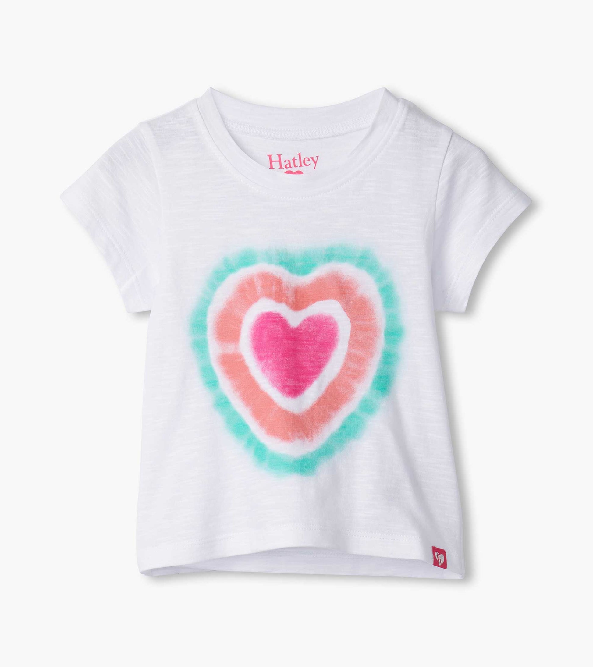 White short-sleeve tee featuring a colorful glowing heart graphic in pink, orange, and teal.