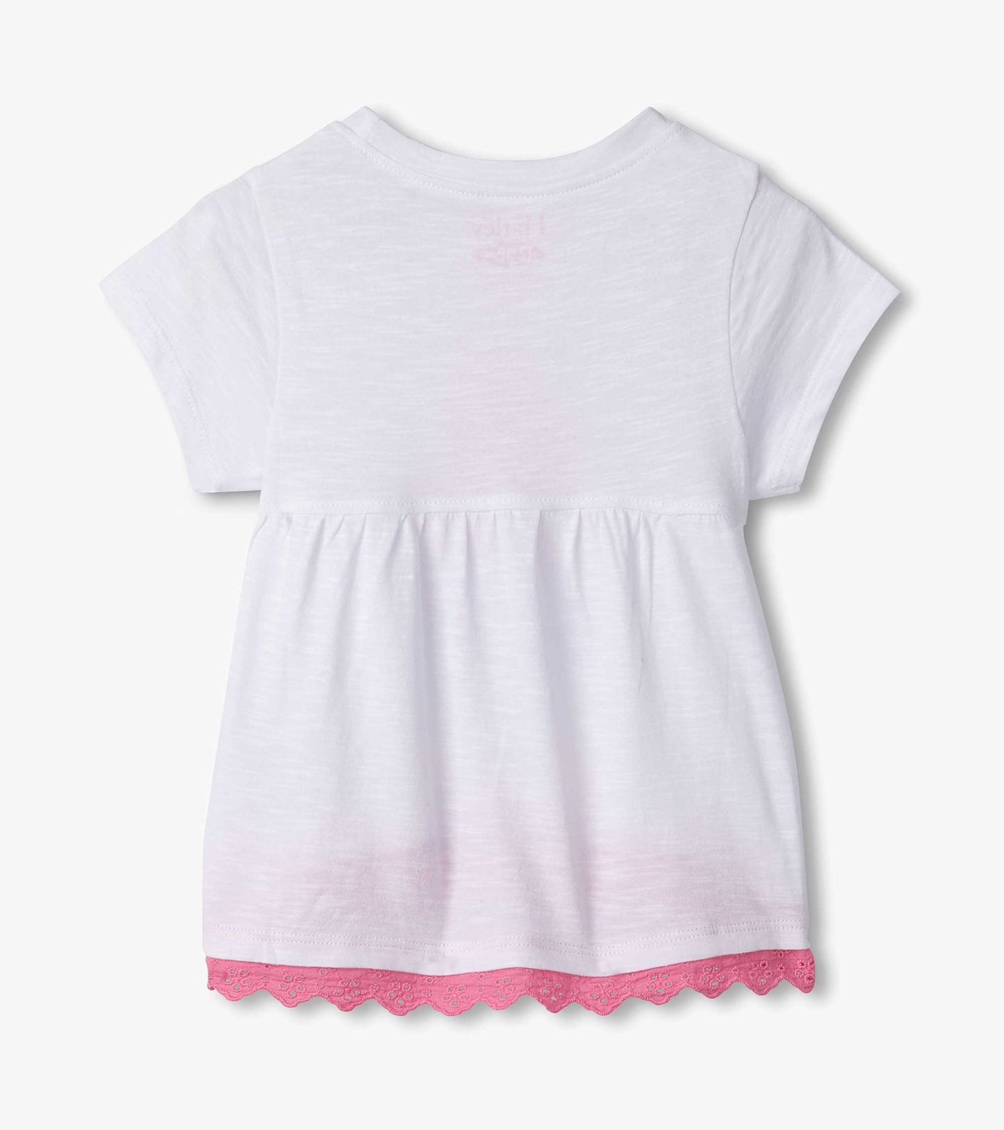 White short-sleeve t-shirt with a pink eyelet trim at the hem, featuring a gathered waist for a playful look.