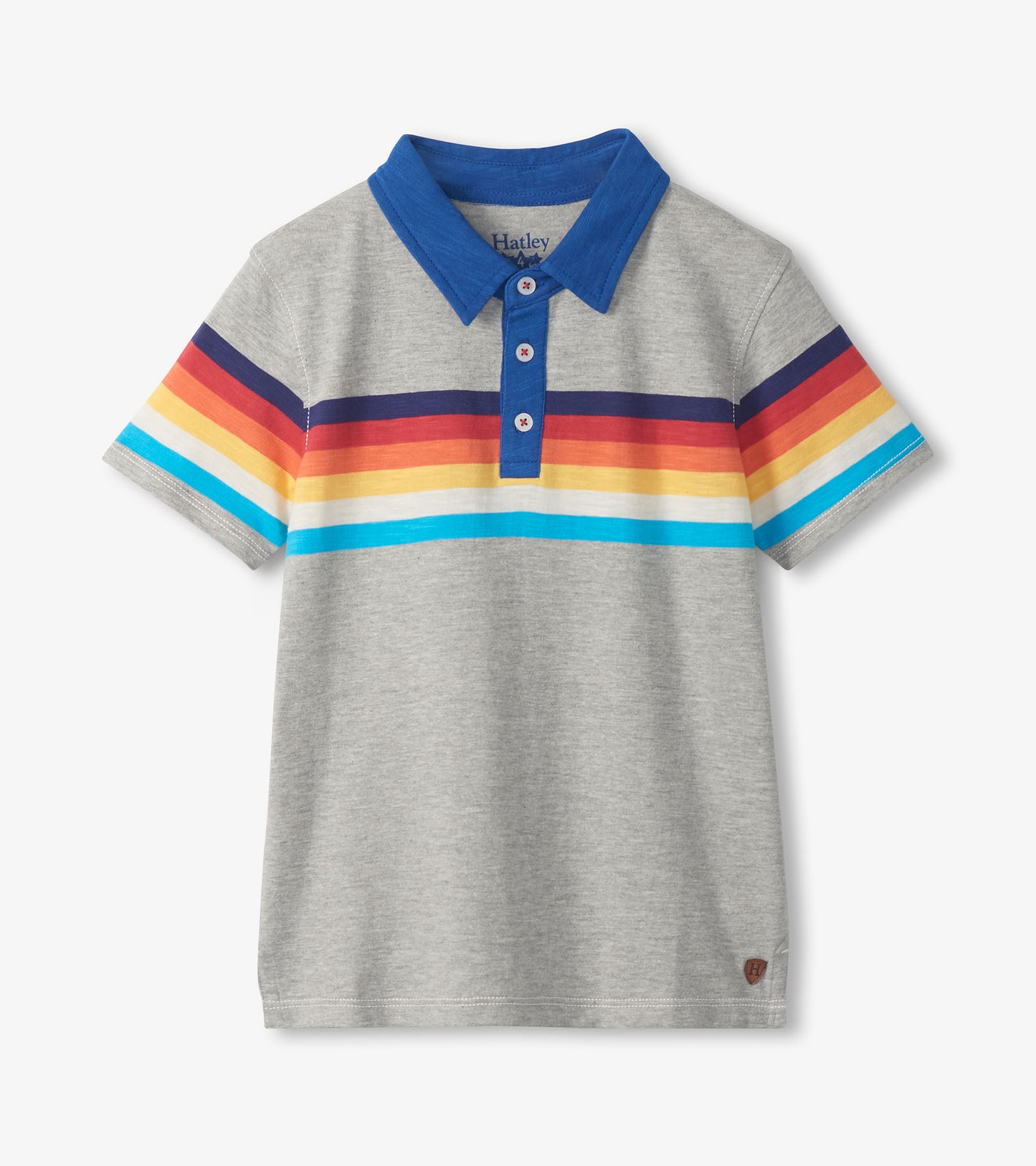 Grey boys polo shirt with blue collar and rainbow chest stripes, front view on white background