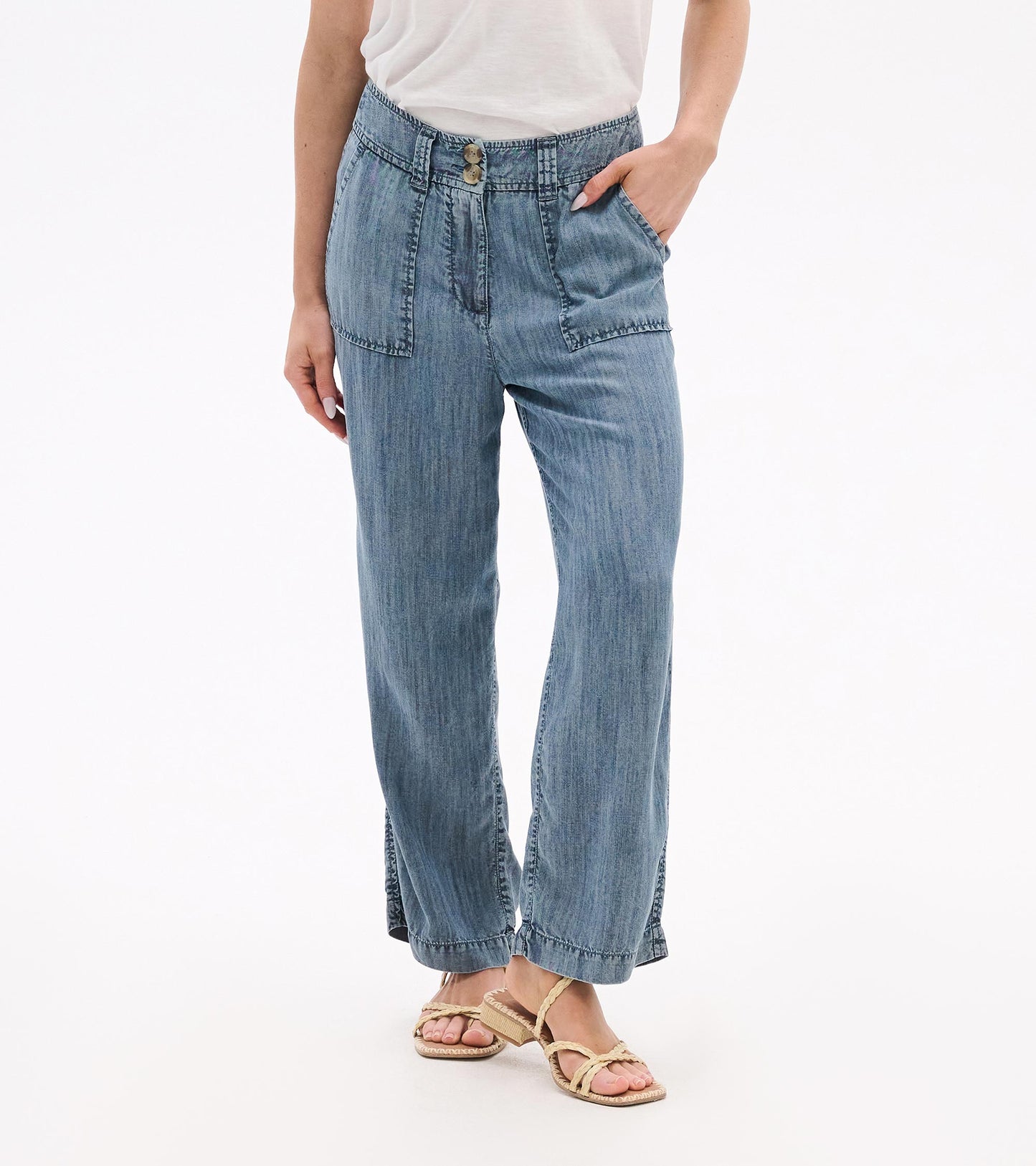 Blue acid-wash wide-leg pants with high waist, front pockets, and cropped hem, worn with sandals