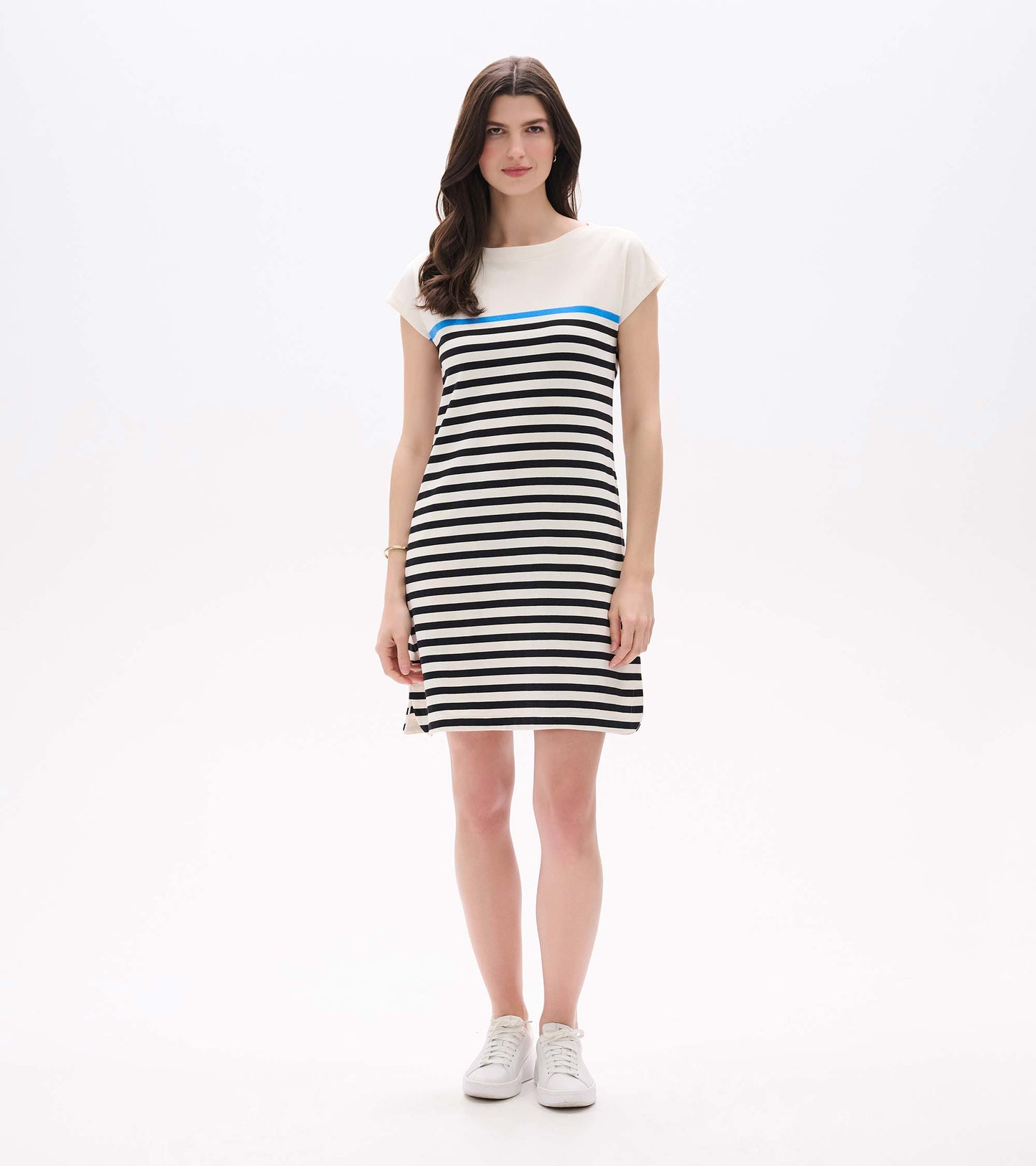 Full front view of striped knee-length dress with cap sleeves and a blue stripe across the chest