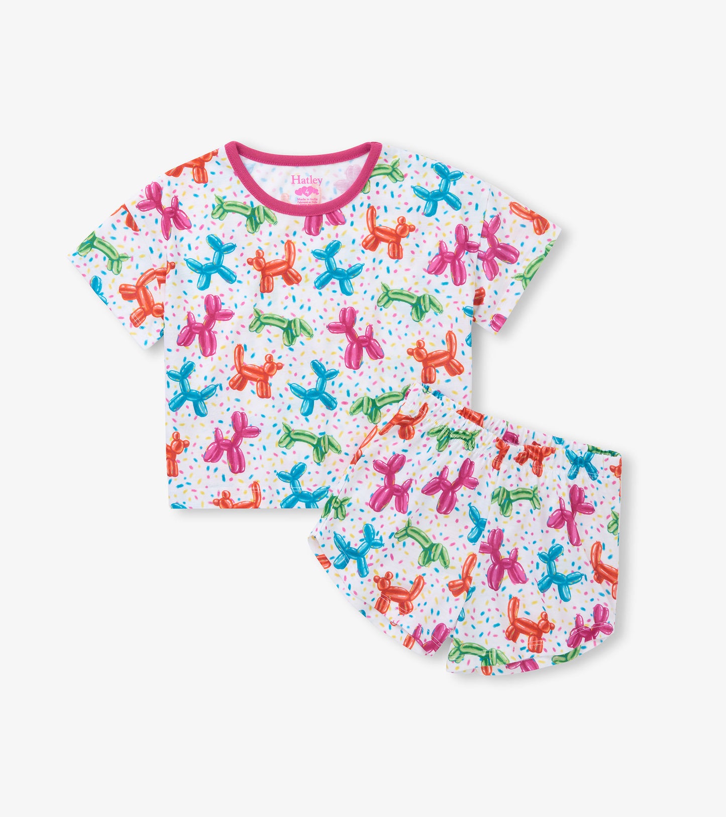 White short sleeve pajama set with colorful balloon animal print, pink trim neckline, and matching shorts