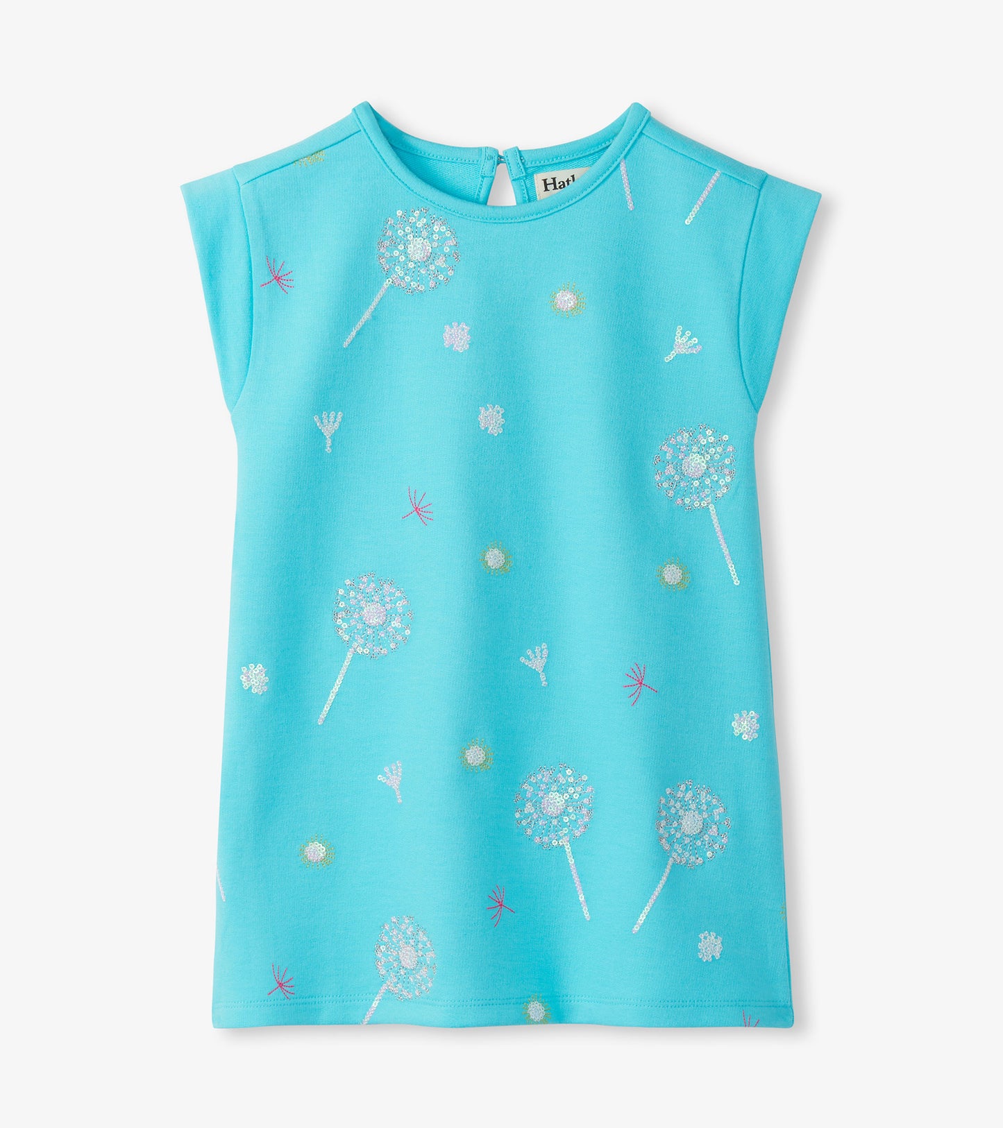 Bright blue girls dress with cap sleeves and white and pink dandelion print, front view