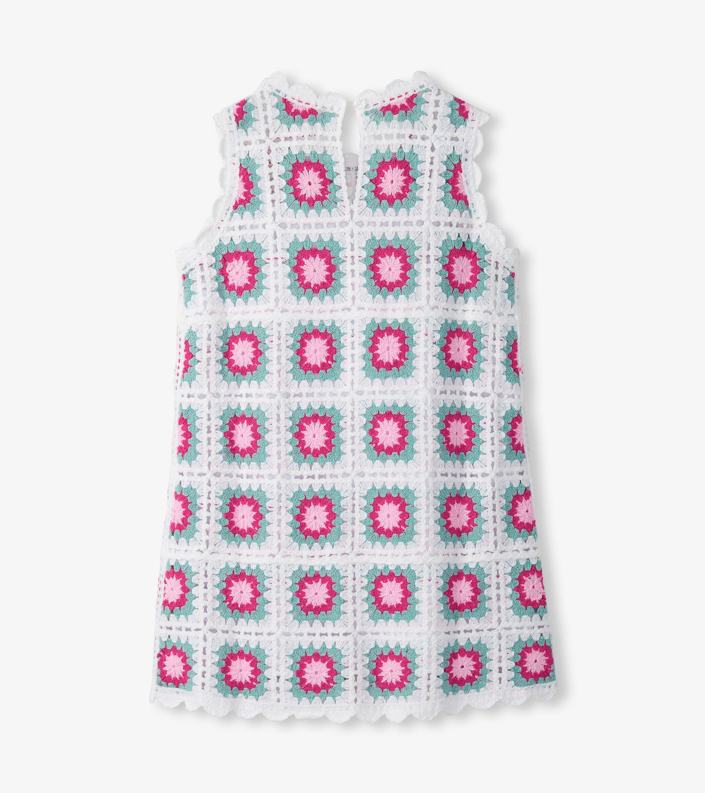 Sleeveless white crochet dress with pink and teal square floral pattern, front view