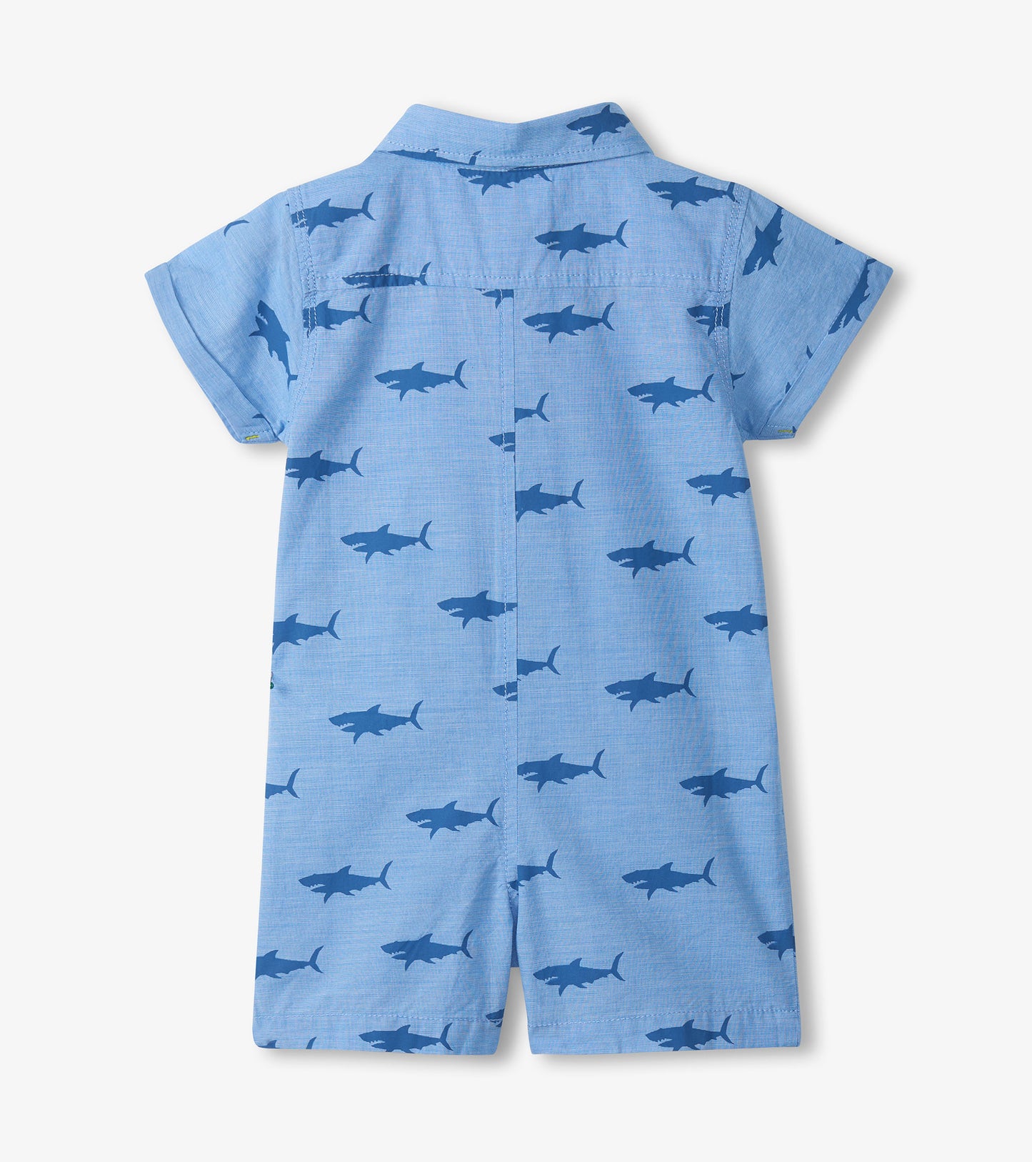 Light blue short-sleeve baby romper with dark blue shark print, collared neckline, back view