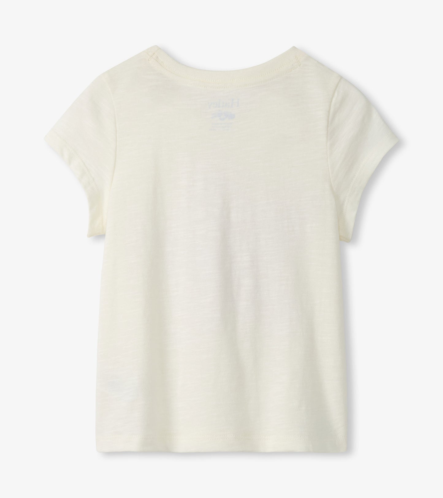 Cream short-sleeve girls T-shirt with a small starfish graphic on the back neckline, front view