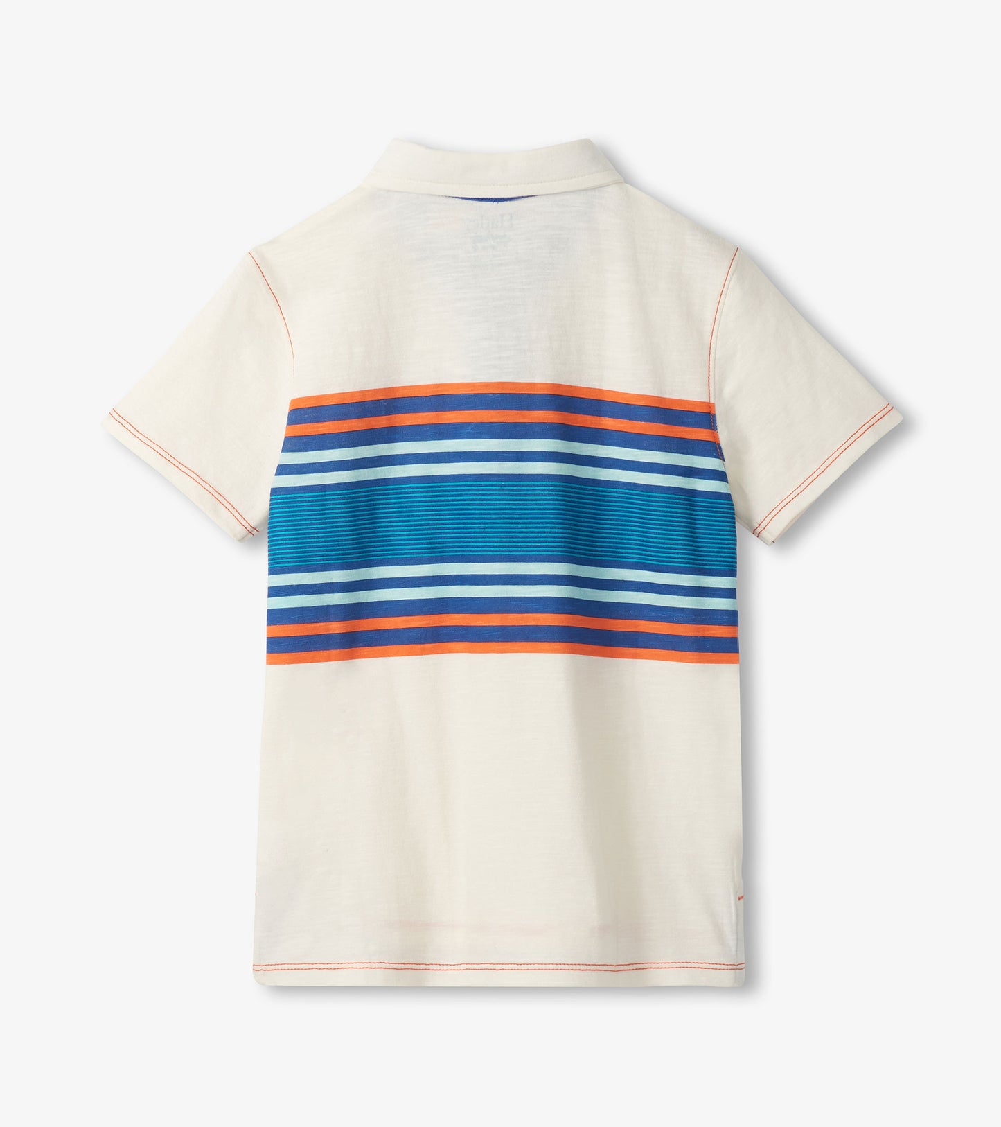 Back view of a cream boys polo shirt with multicolor horizontal stripes across the upper back and short sleeves