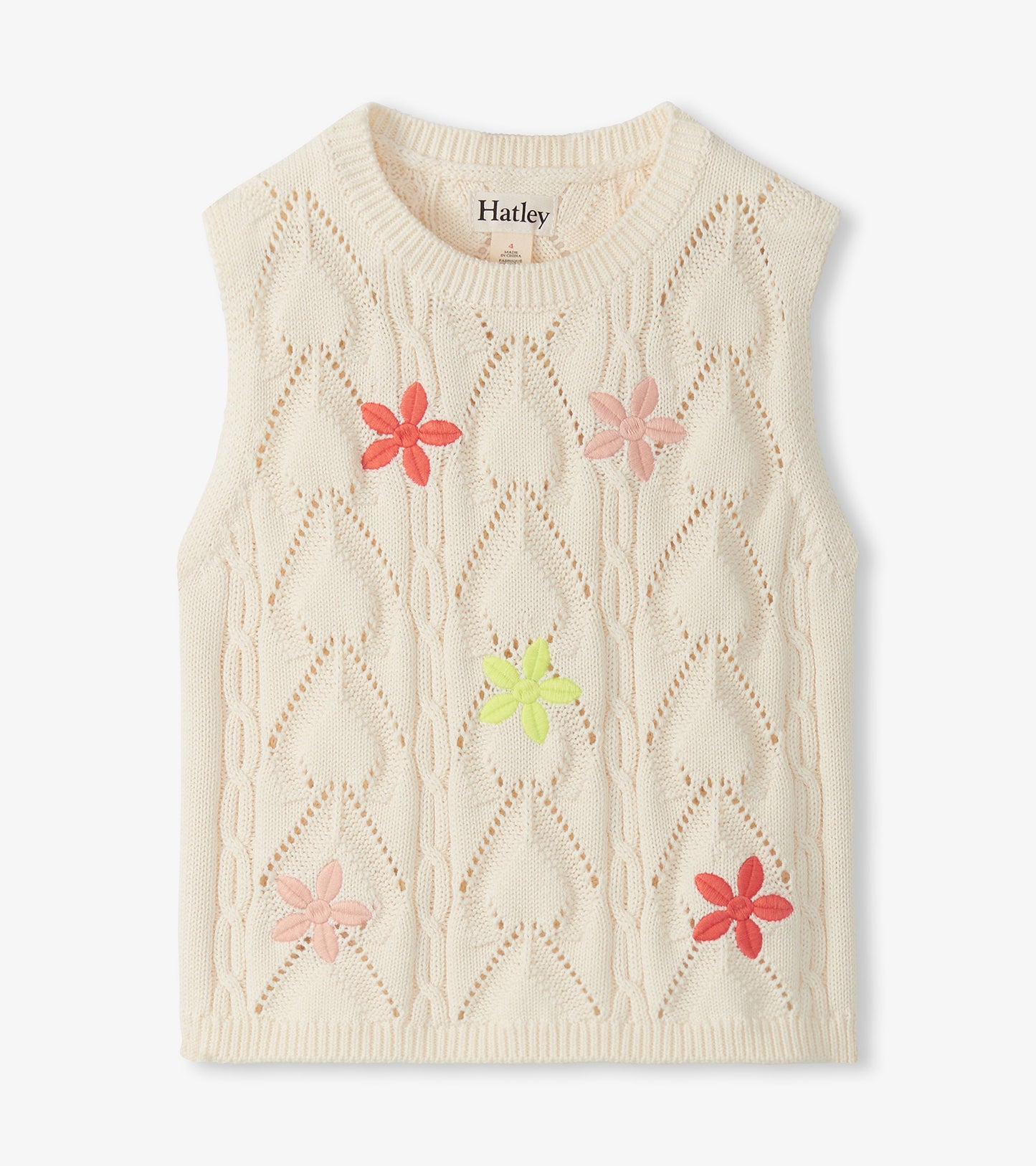 Cream sleeveless crochet top with open knit diamond pattern and pink, coral, and yellow flower appliqués