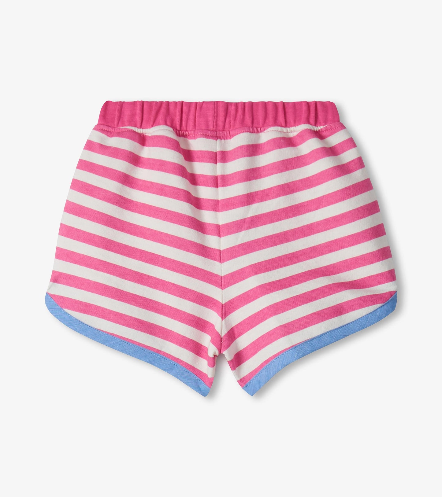 Pink and white striped toddler shorts with elastic waistband and blue trim, front view