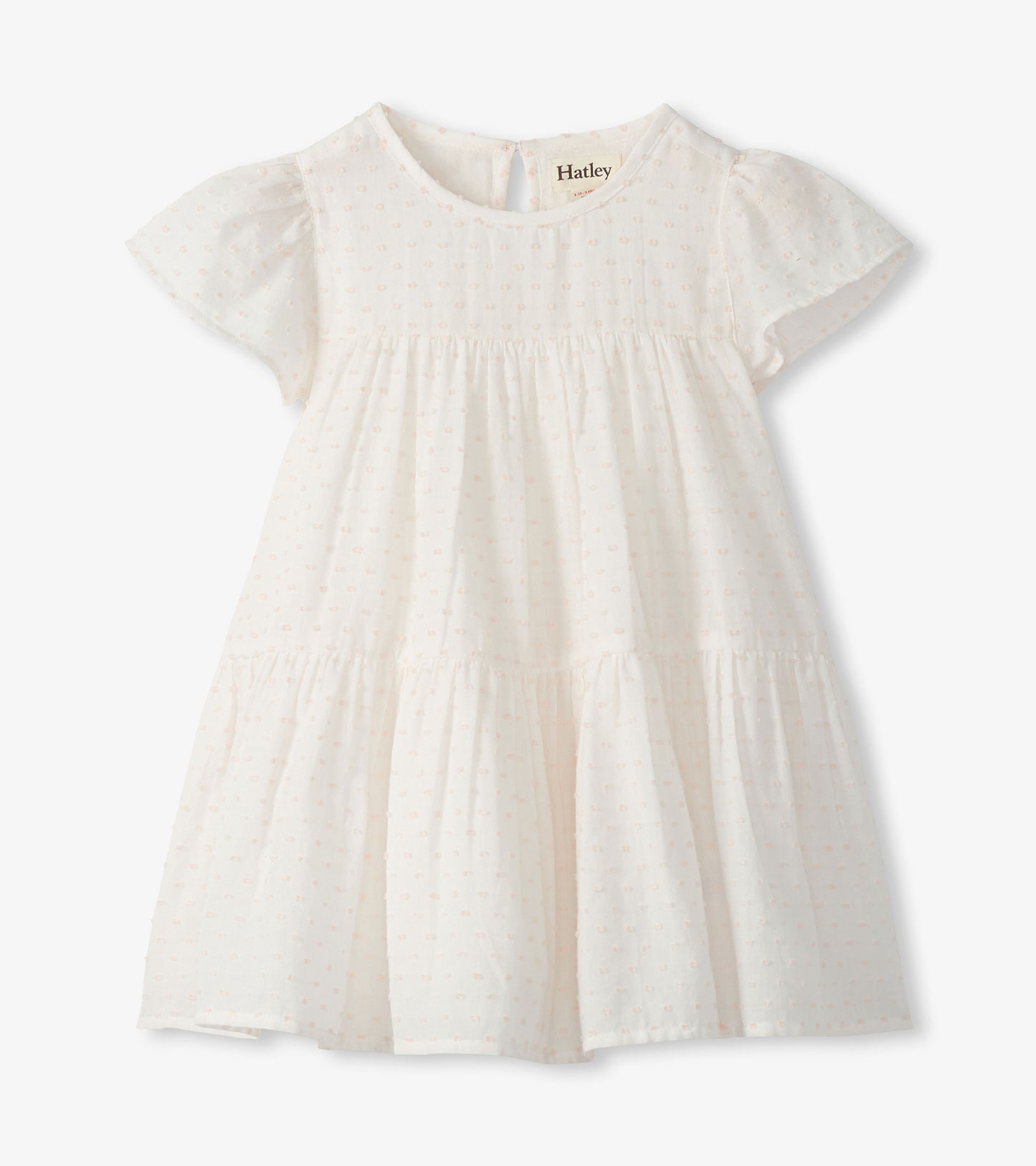 Pearl Swiss dot toddler dress with short flutter sleeves, round neck, and tiered skirt on white background