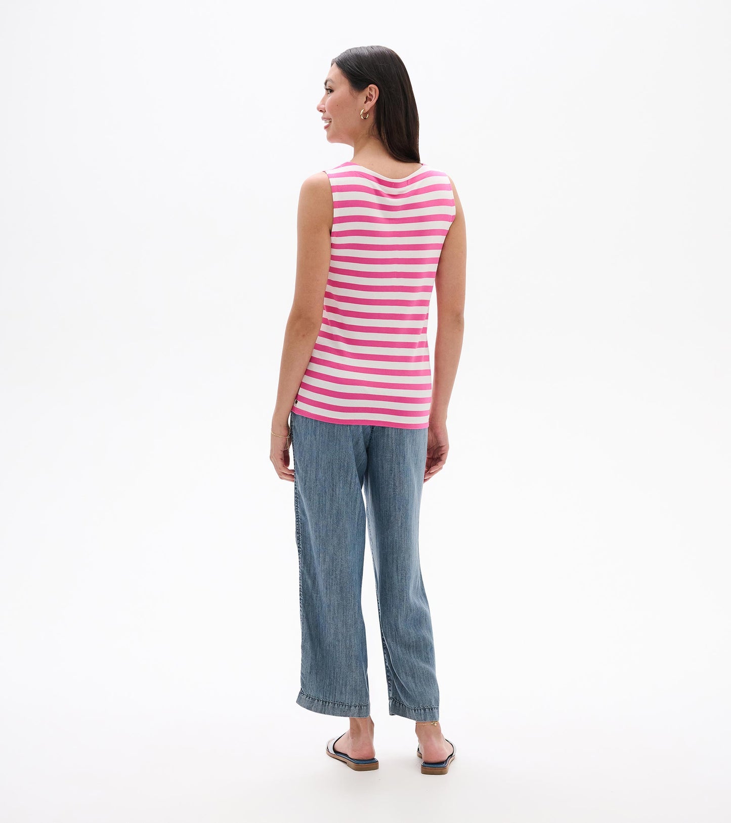 Back view of a pink and white striped sleeveless tank top with a scoop neck and straight hem