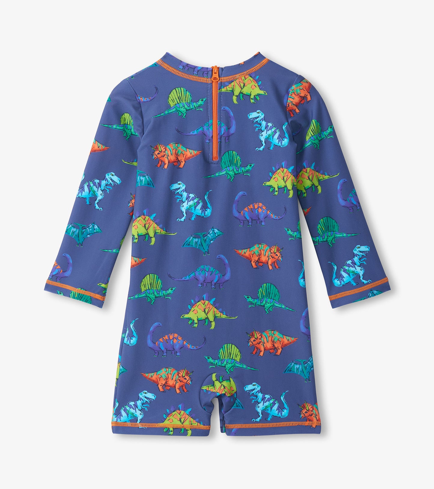Long-sleeve navy baby rashguard swimsuit with colorful dinosaur print and orange zipper trim, front view