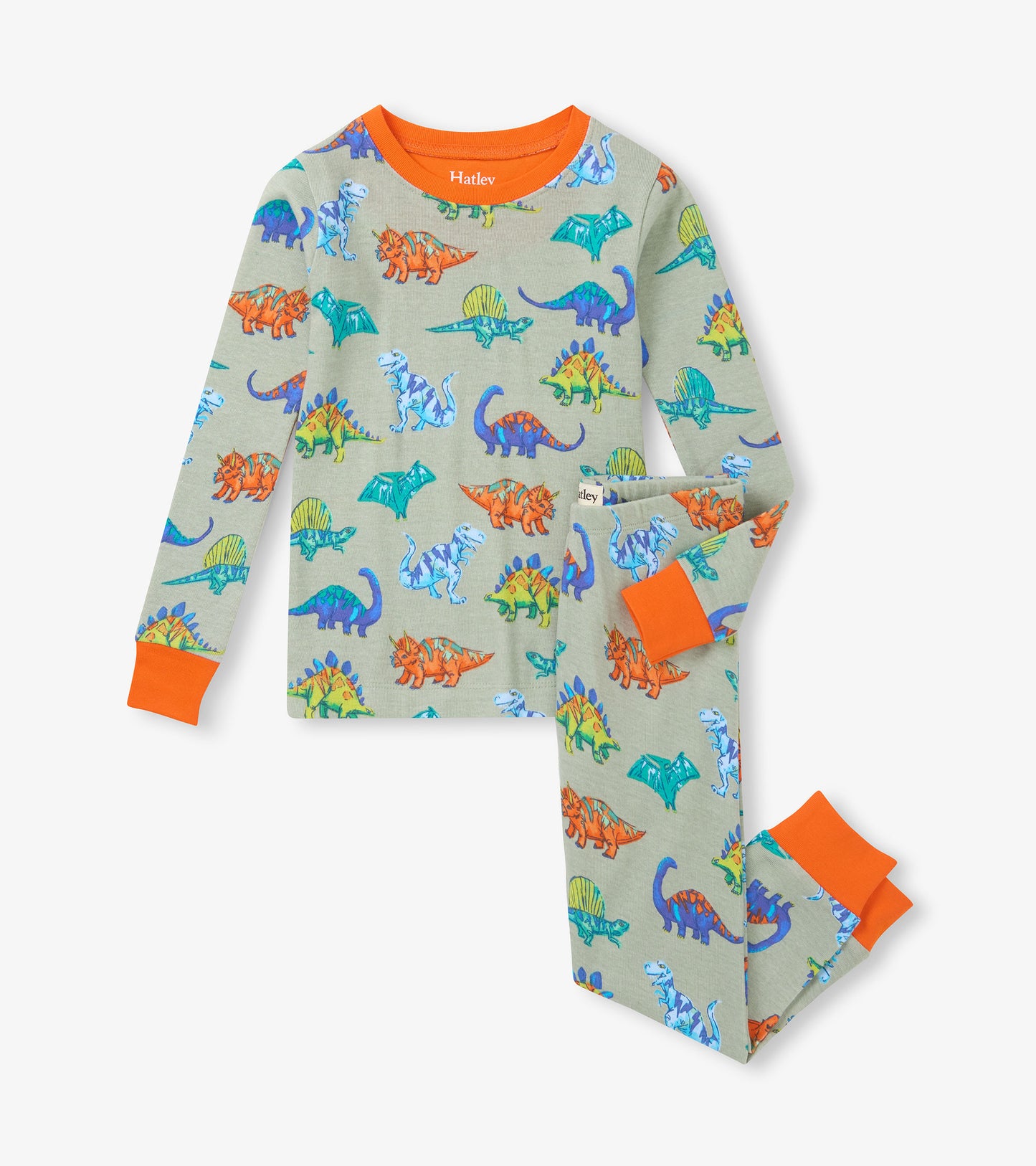 Two-piece sage green boys pajama set with colorful dinosaur print and orange neck, cuff, and ankle trim