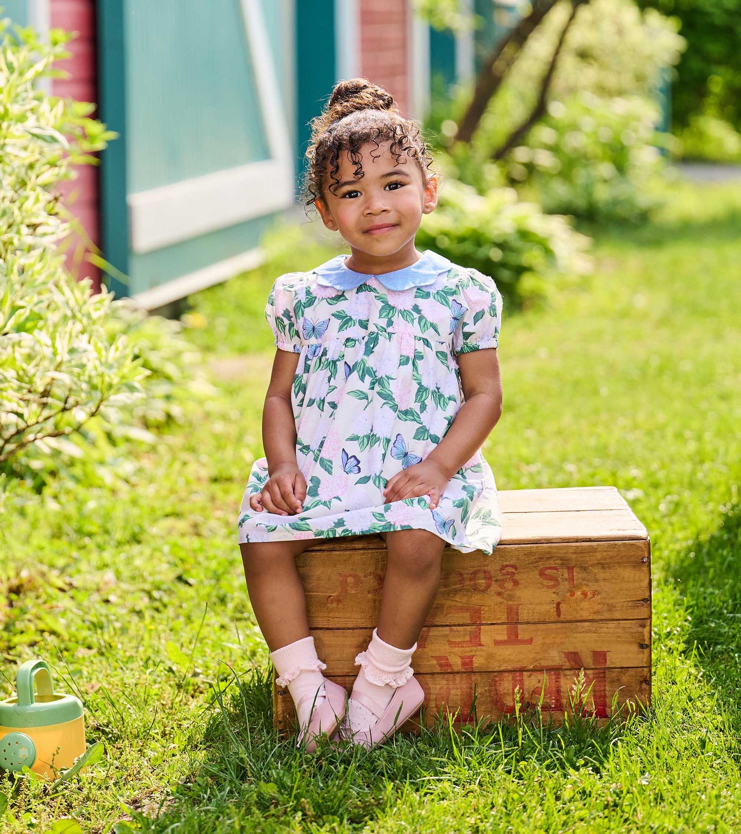 Toddler seated outdoors in floral butterfly print dress with blue Peter Pan collar, front view