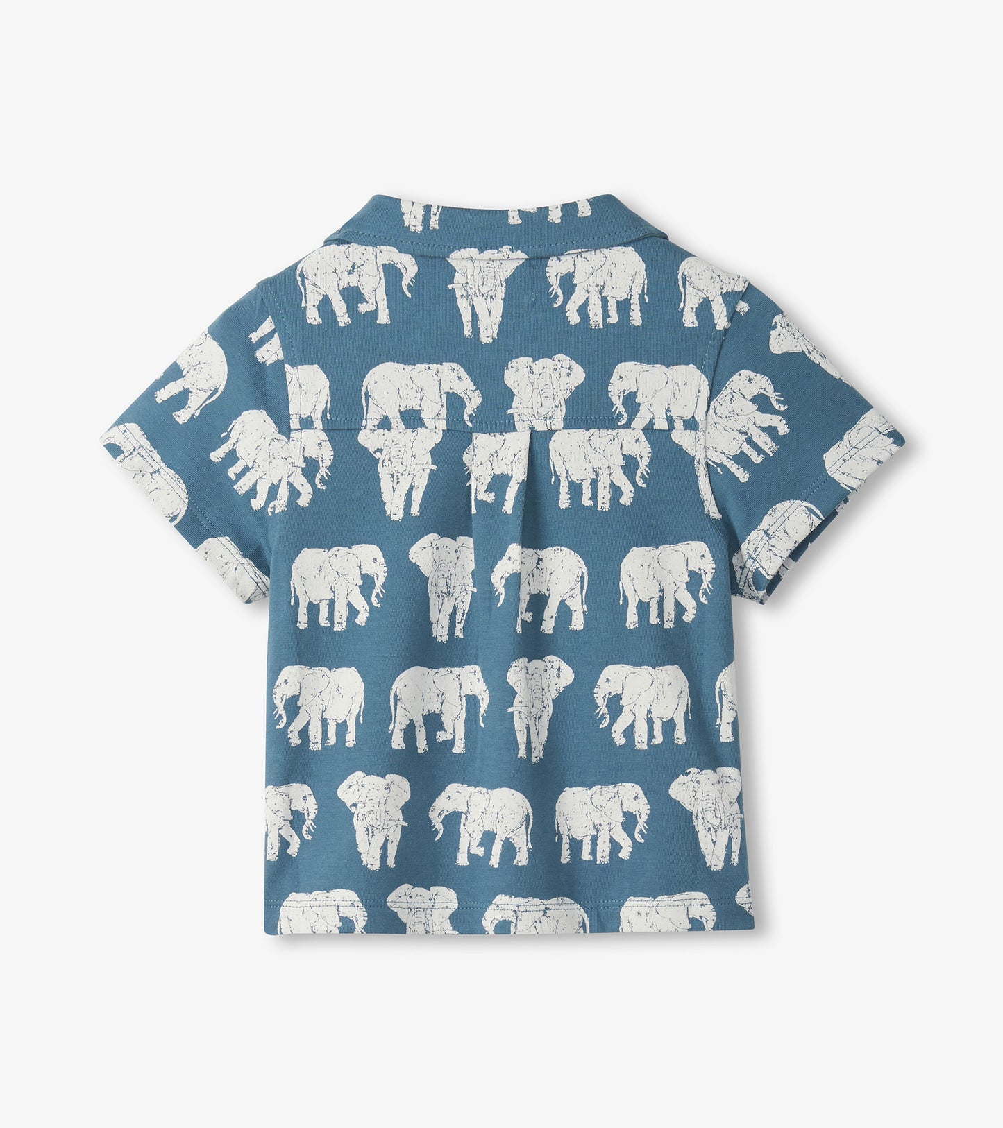 Blue short-sleeve button-down shirt with white elephant print, shown from the back