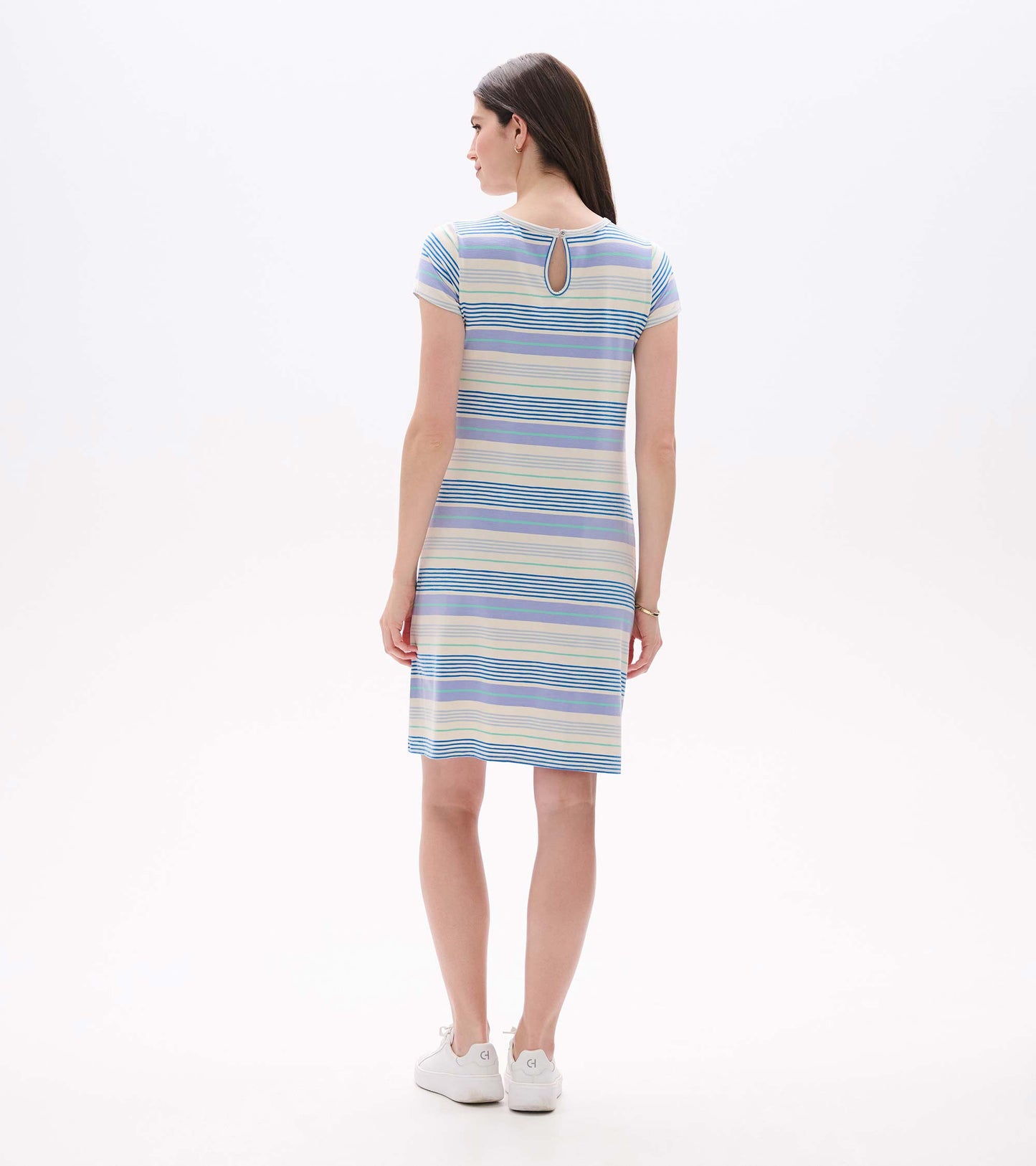 Back view of a short-sleeve A-line dress with blue, lavender, and white horizontal stripes and a keyhole back detail