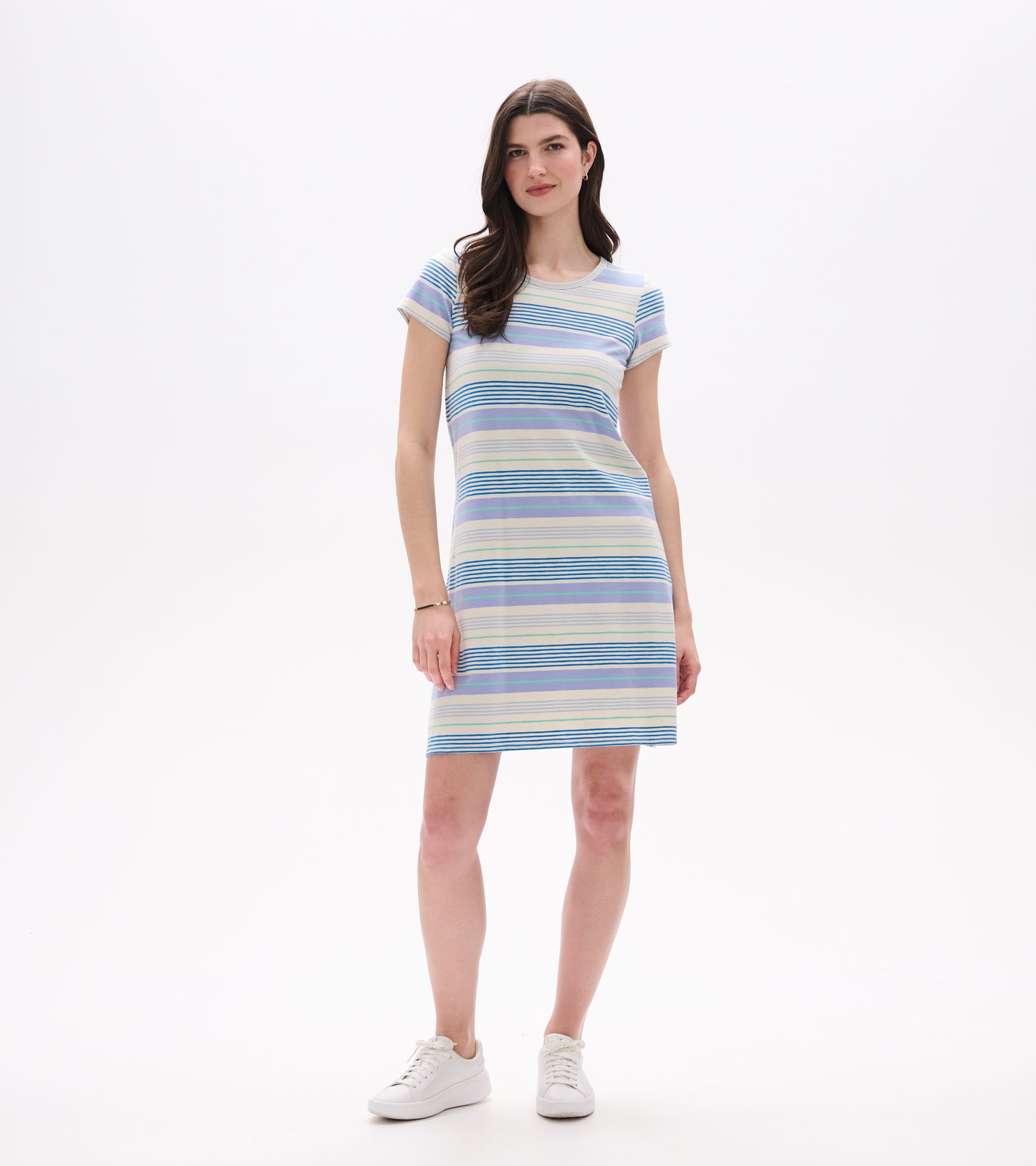 Front view of A-line T-shirt dress with short sleeves and blue, lavender, and mint horizontal stripes